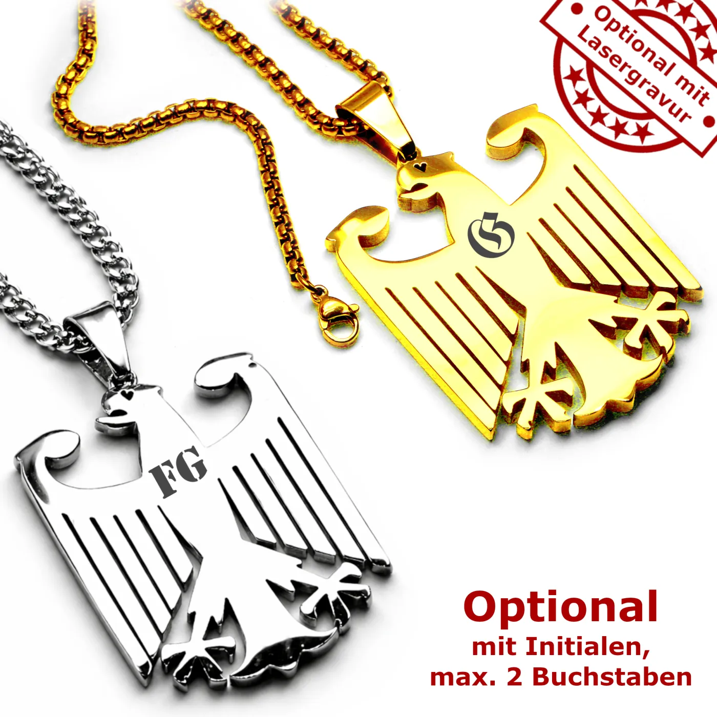 Großer XXL Edelstahl Anhänger mit Bundesadler Motiv im Farbton Silber oder Gold