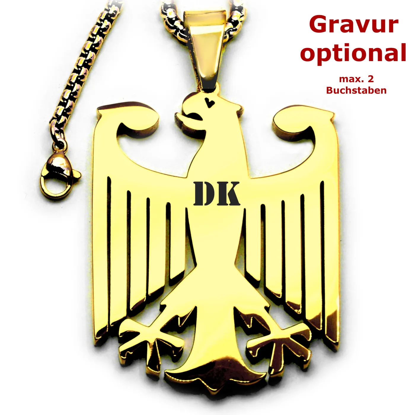 Goldfarbener XXL Anhänger aus Edelstahl mit Adler Symbol.