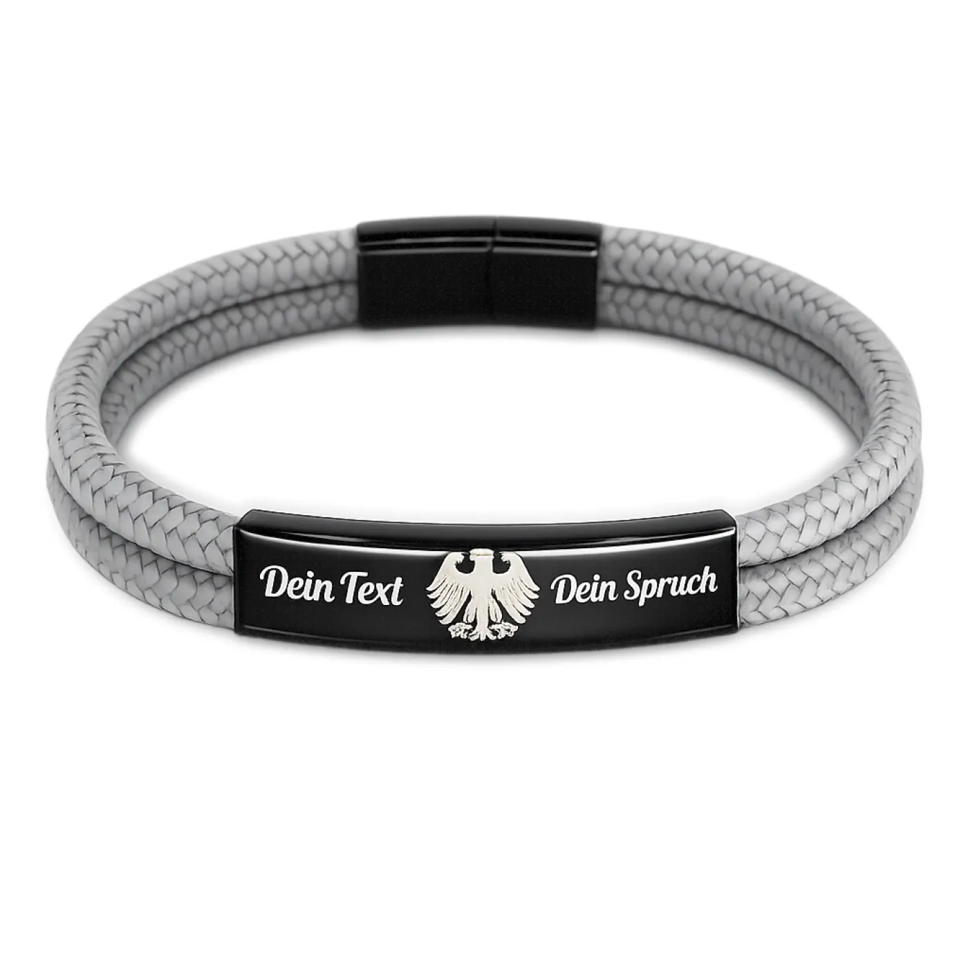 Segeltau-Armband 2 x Ø 4 mm mit Edelstahl-Magnetverschluss und Gravurplatte, Schwarz glänzend, inklusive Gravur, Farbauswahl