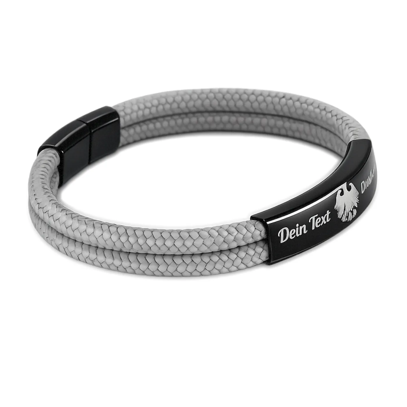 Segeltau-Armband 2 x Ø 4 mm mit Edelstahl-Magnetverschluss und Gravurplatte, Schwarz glänzend » Personalisierbar, Farbauswahl – Ansicht 2
