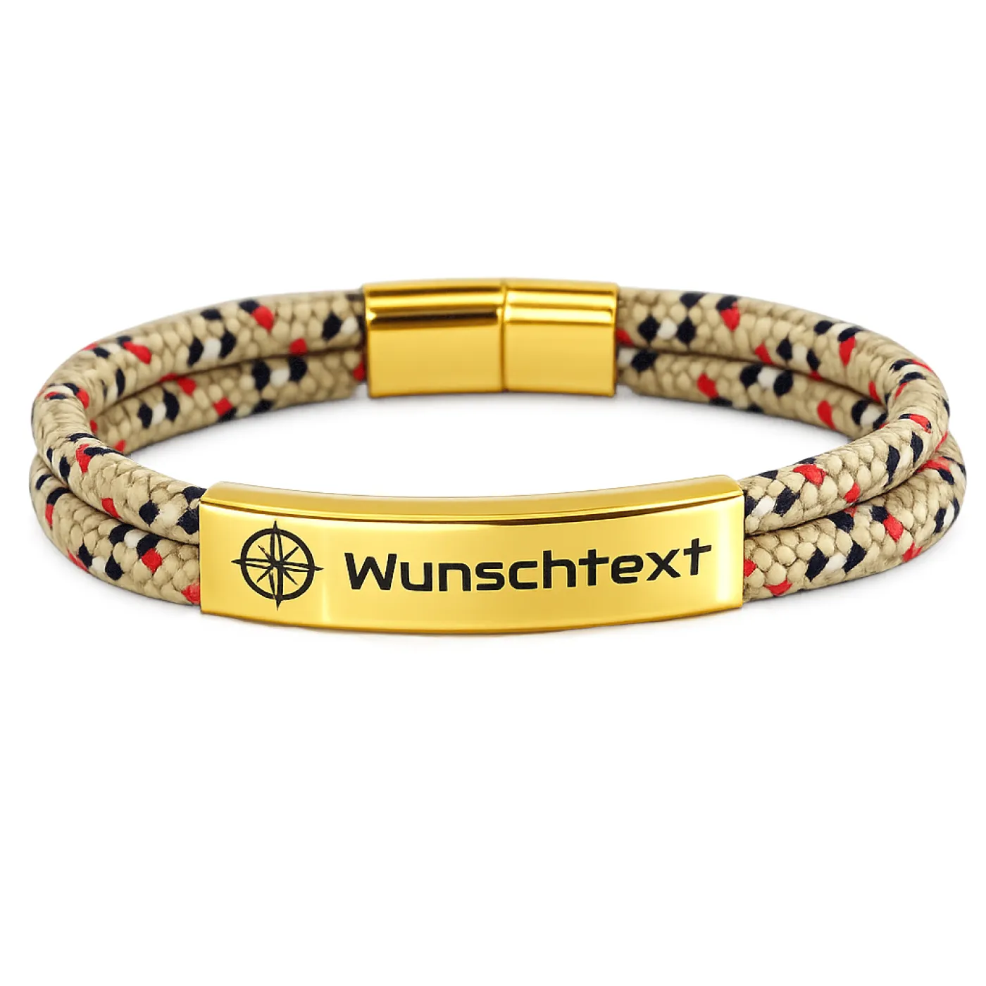 Segeltau-Armband 2 x Ø 4 mm mit Edelstahl-Magnetverschluss und Gravurplatte, Gold glänzend, inklusive Gravur, Farbauswahl
