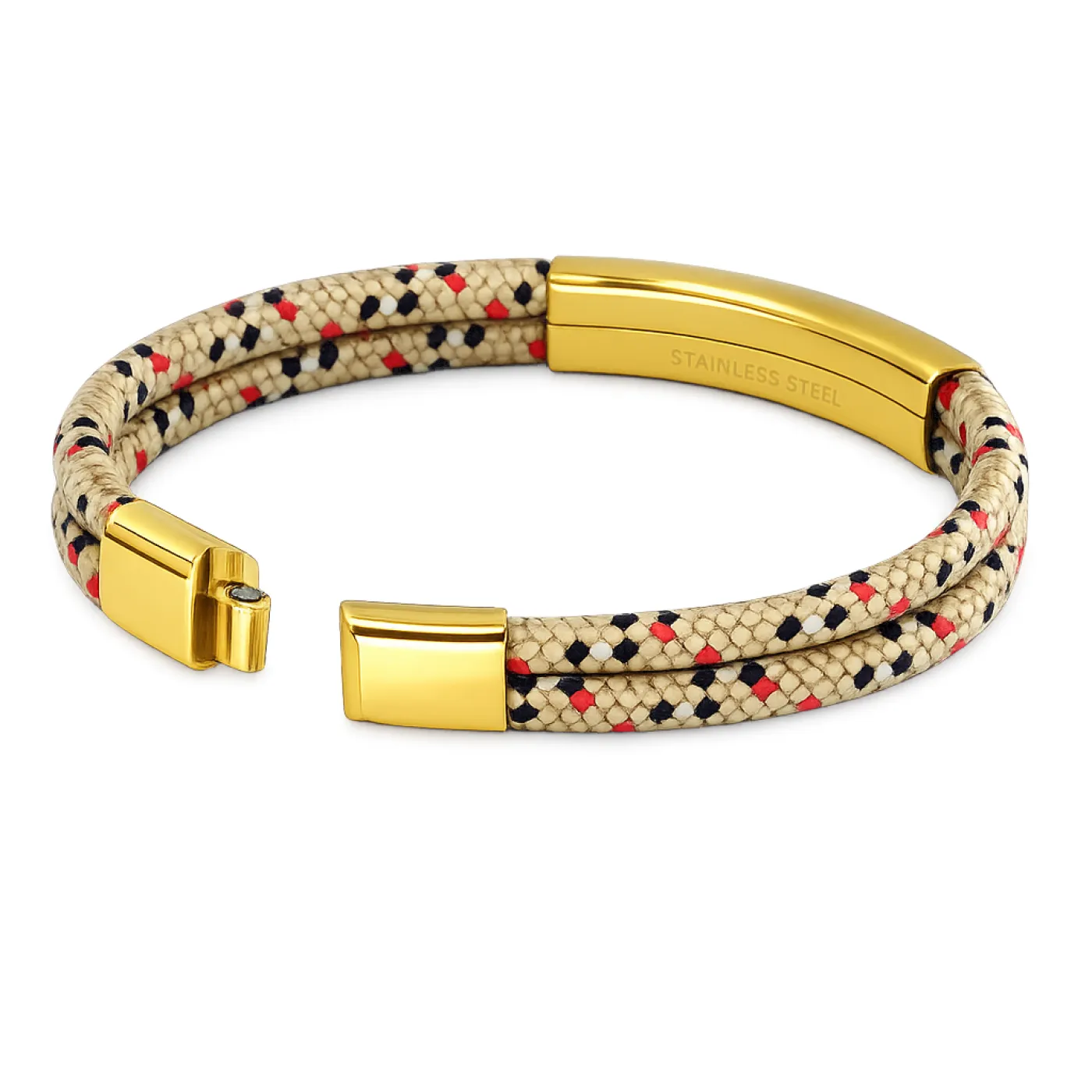 Segeltau-Armband 2 x Ø 4 mm mit Edelstahl-Magnetverschluss und Gravurplatte, Gold glänzend » Personalisierbar, Farbauswahl – Ansicht 1