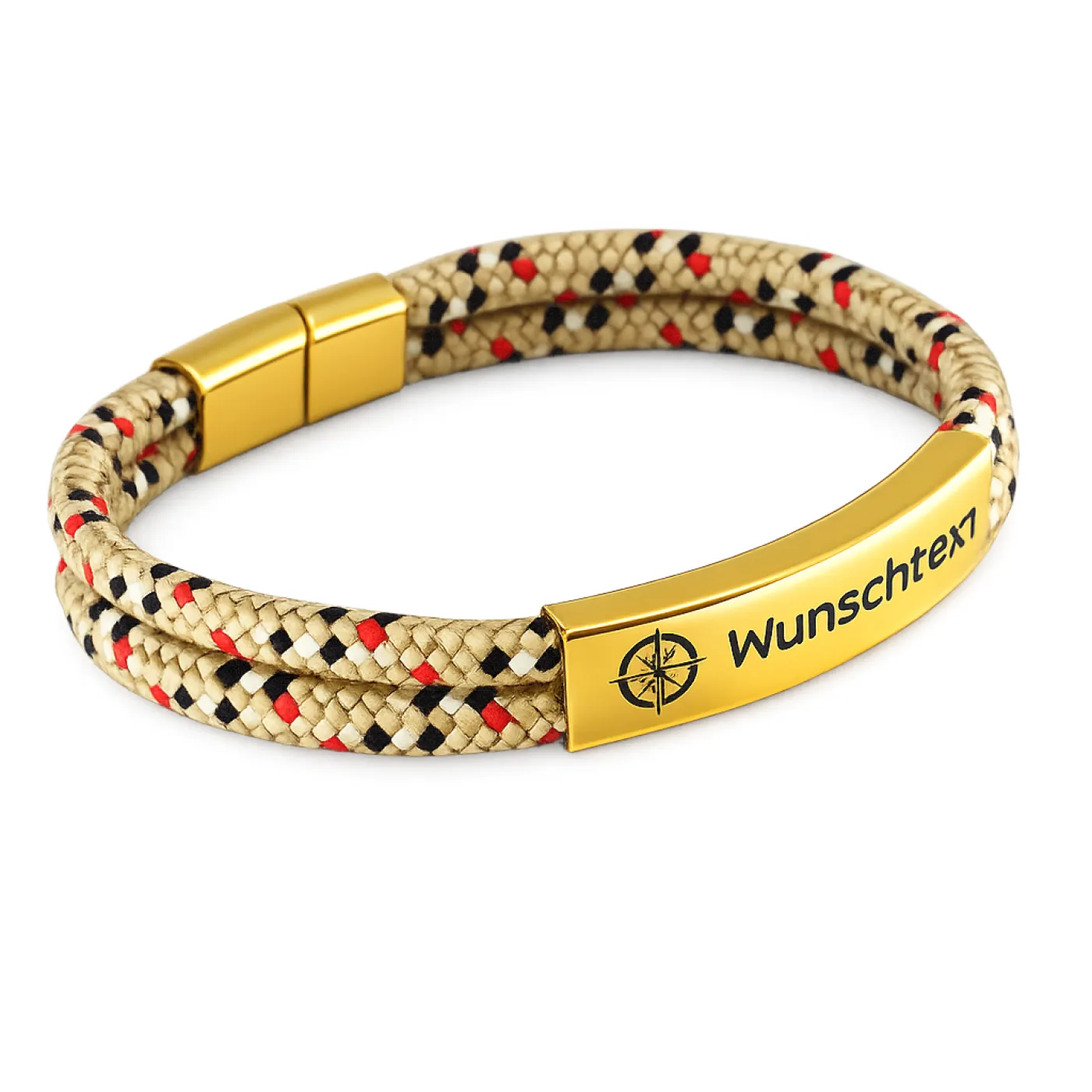 Segeltau-Armband 2 x Ø 4 mm mit Edelstahl-Magnetverschluss und Gravurplatte, Gold glänzend » Personalisierbar, Farbauswahl – Ansicht 2