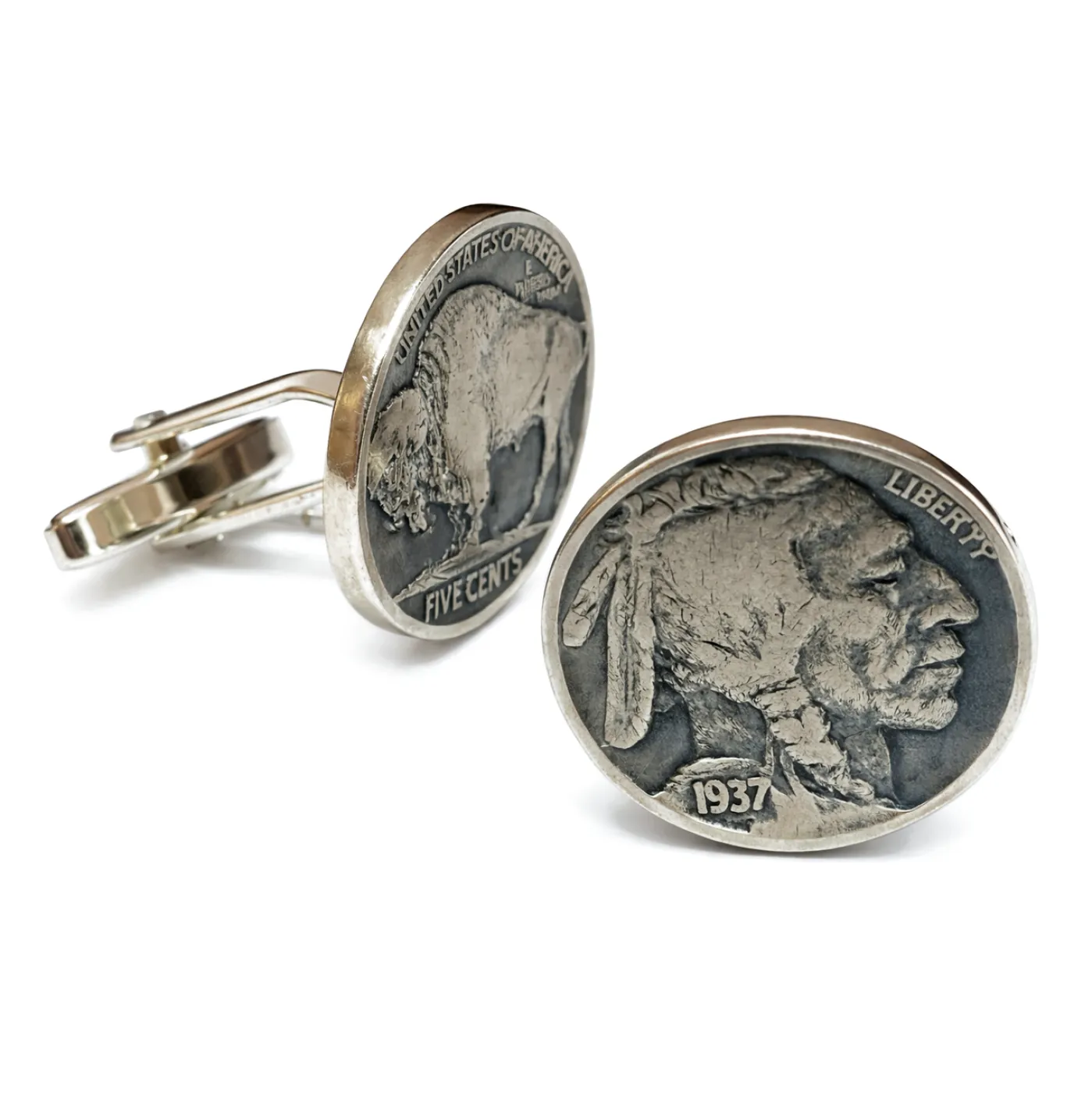 Manschettenknöpfe Silber 925er, 5-Cent-Münze USA, Indianer/Bison, Finish Vintage
