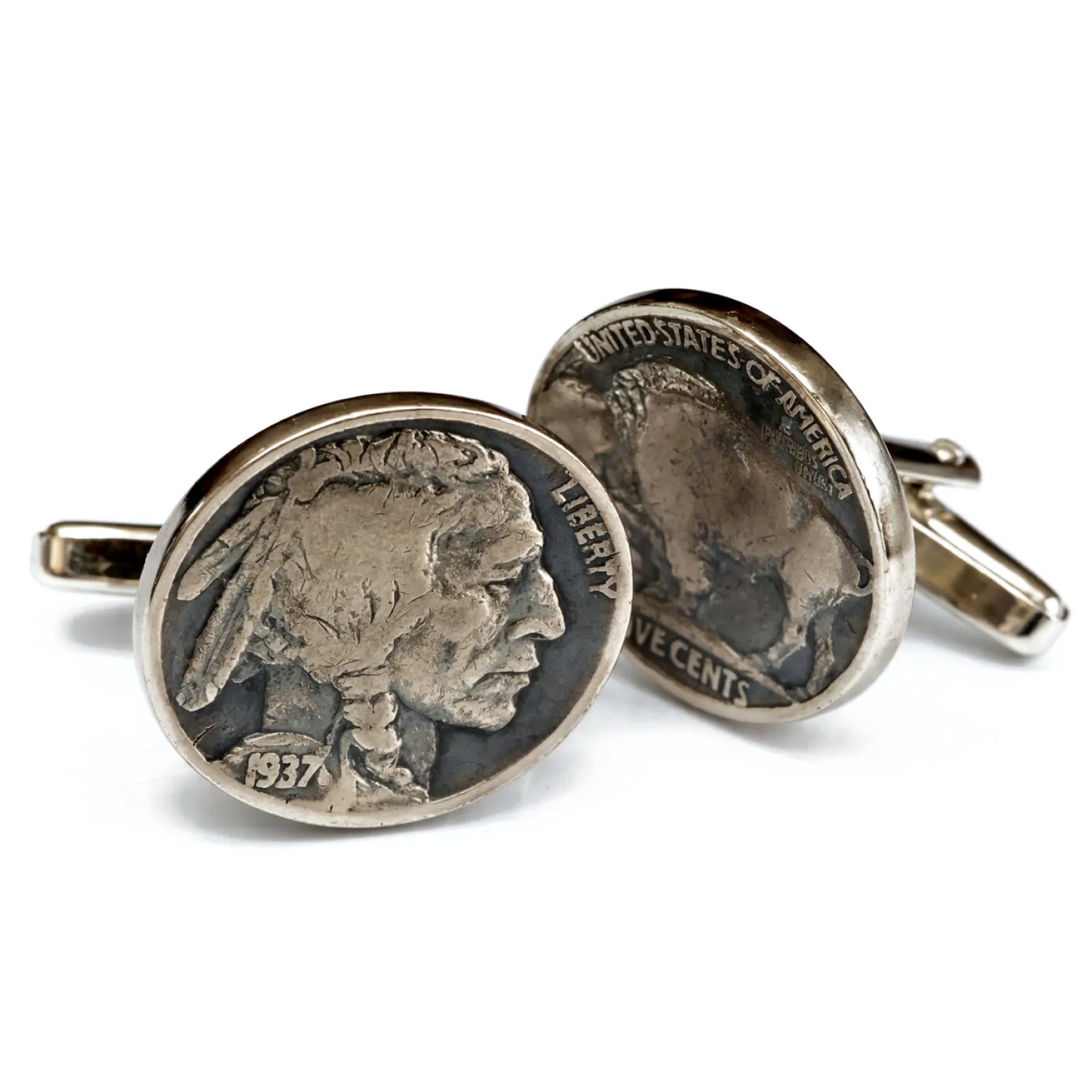 Manschettenknöpfe Silber 925er 5-Cent-Münze USA (Indianer / Bison) vintage – Ansicht 2