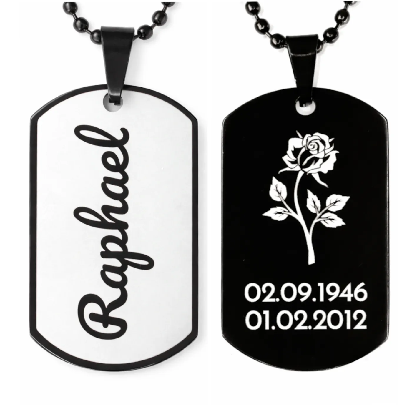 Anhänger Dog Tag Edelstahl Schwarz mit Wunschgravur inklusive einer schwarzen, 60 cm langen Kugelkette, inklusive Gravur