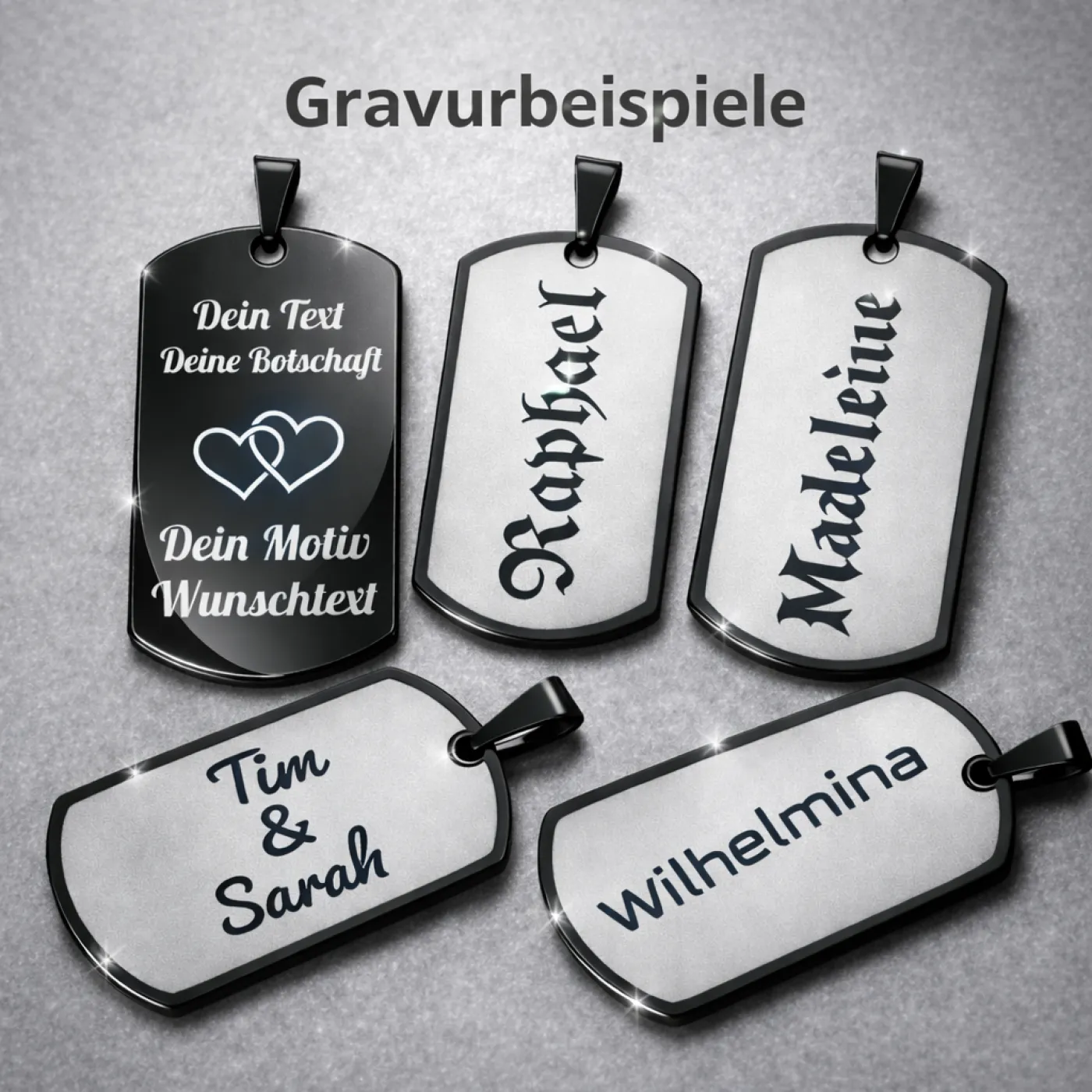 Anhänger Dog Tag Edelstahl Schwarz mit Wunschgravur inklusive einer schwarzen, 60 cm langen Kugelkette » Personalisierbar – Ansicht 3