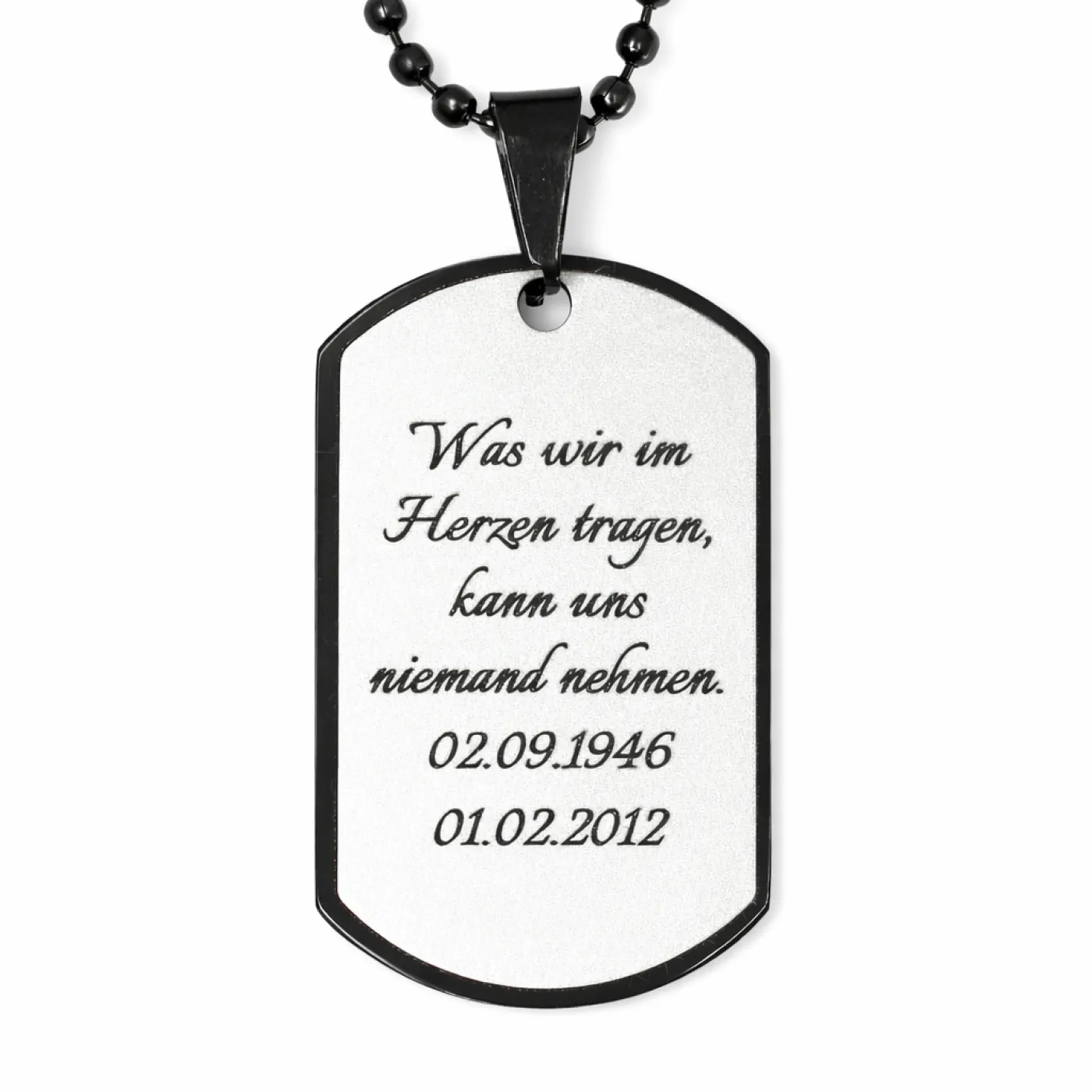 Anhänger Dog Tag Edelstahl Schwarz mit Wunschgravur inklusive einer schwarzen, 60 cm langen Kugelkette » Personalisierbar – Ansicht 4
