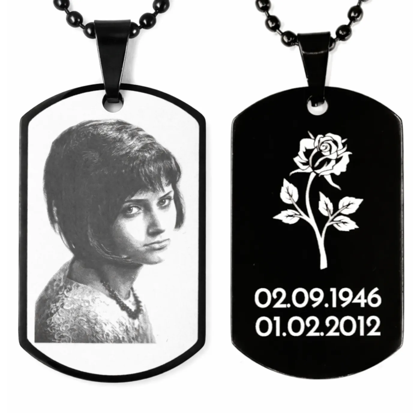 Anhänger Dog Tag Edelstahl Schwarz mit Foto-, Text- und Motivgravur inklusive einer schwarzen, 60 cm langen Kugelkette, inklusive Gravur