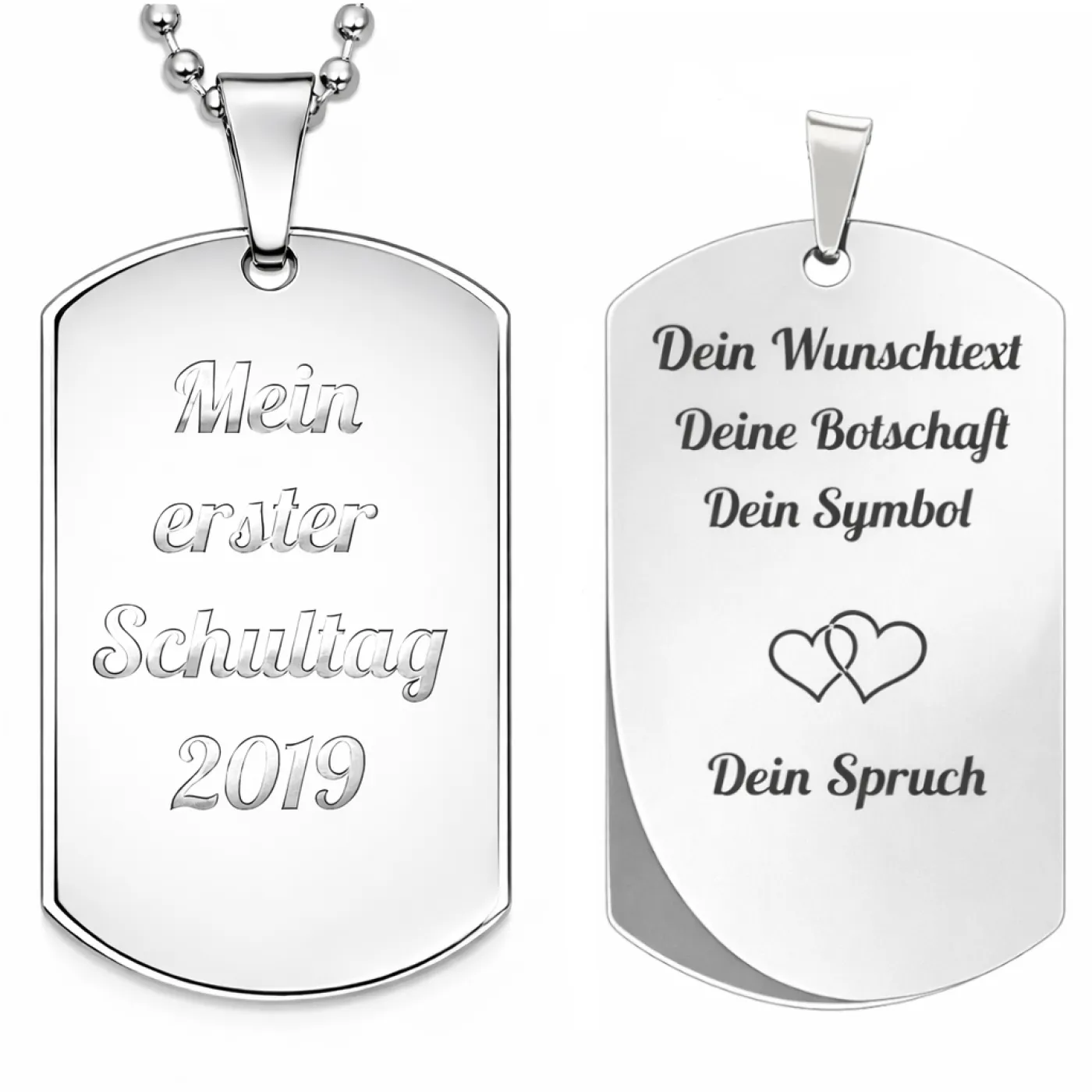 Anhänger Dog Tag Edelstahl Silber mit Wunschgravur inklusive einer silberfarbenen, 60 cm langen Kugelkette, inklusive Gravur