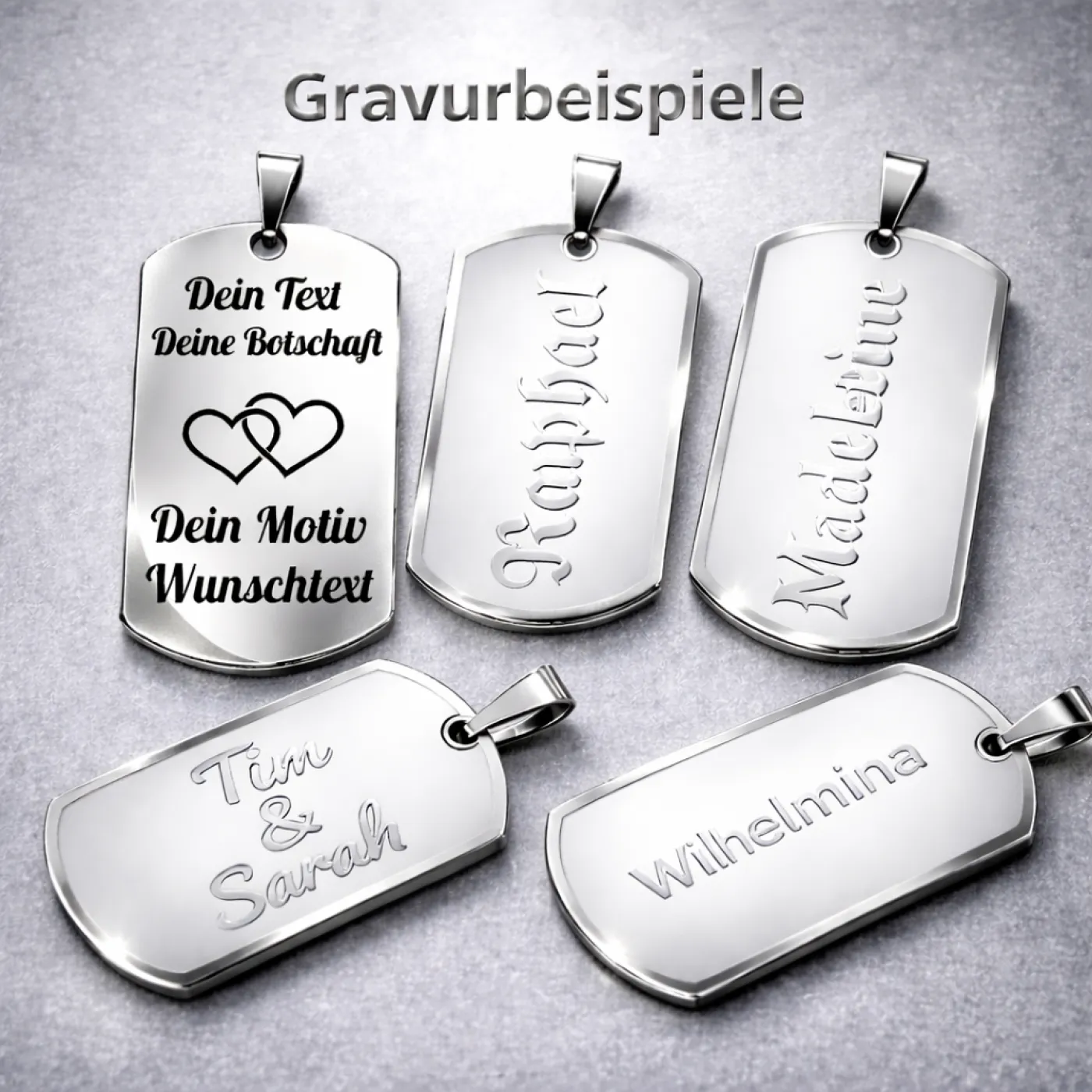 Anhänger Dog Tag Edelstahl Silber mit Wunschgravur inklusive einer silberfarbenen, 60 cm langen Kugelkette » Personalisierbar – Ansicht 3