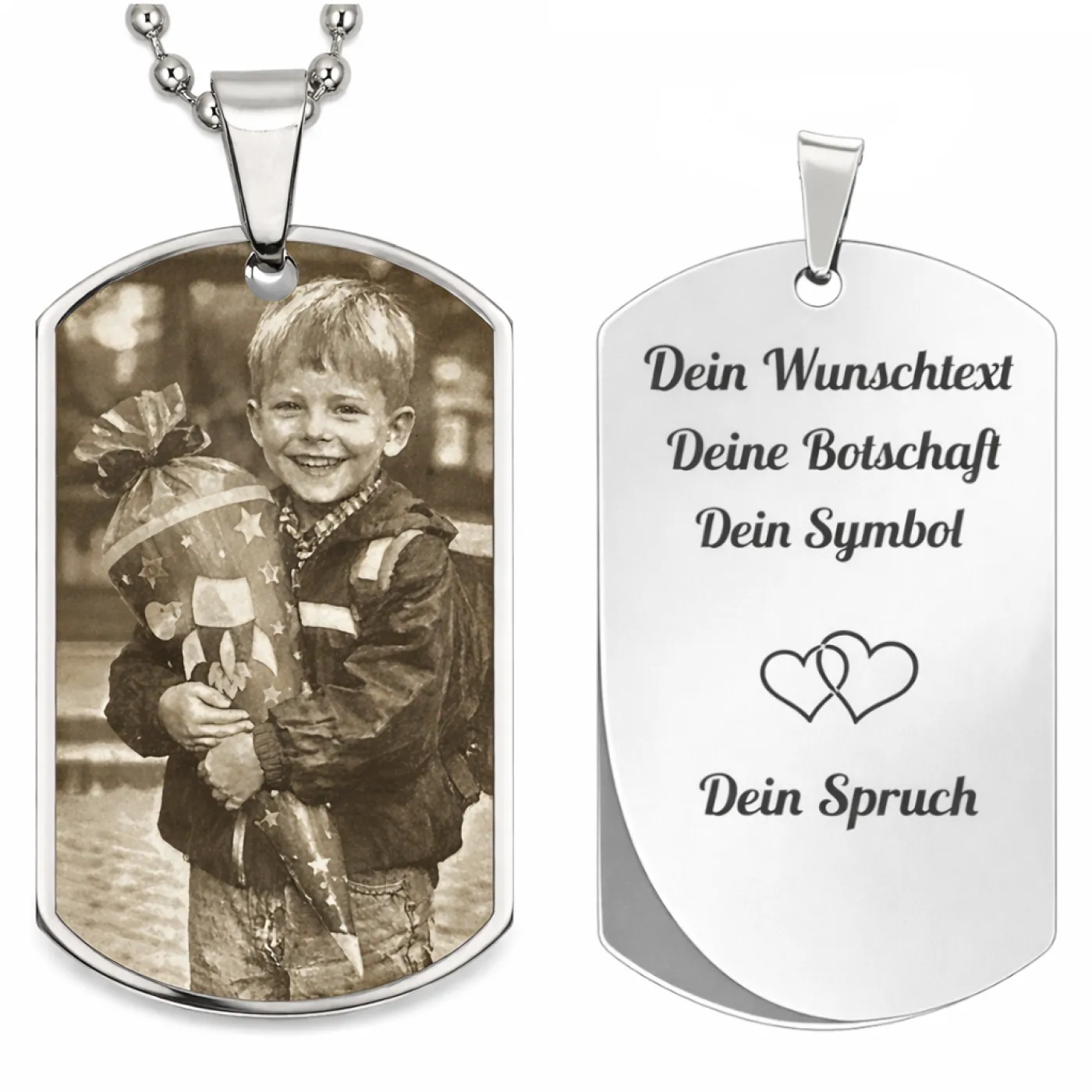 Anhänger Dog Tag Edelstahl Silber mit Foto-, Text- und Motivgravur inklusive einer silberfarbenen, 60 cm langen Kugelkette, inklusive Gravur