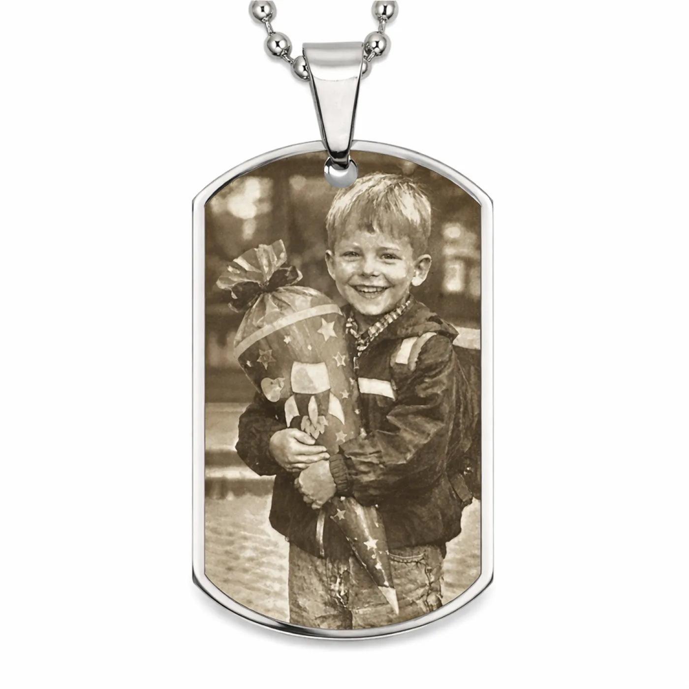 Anhänger Dog Tag Edelstahl Silber mit Foto-, Text- und Motivgravur inklusive einer silberfarbenen, 60 cm langen Kugelkette » Personalisierbar – Ansicht 1