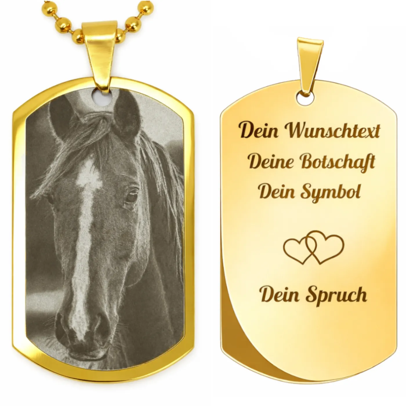 Anhänger Dog Tag Edelstahl Gold mit Foto-, Text- und Motivgravur inklusive einer goldfarbenen, 60 cm langen Kugelkette, inklusive Gravur