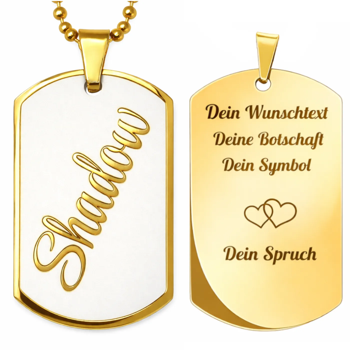 Anhänger Dog Tag Edelstahl Gold mit Wunschgravur inklusive einer goldfarbenen, 60 cm langen Kugelkette, inklusive Gravur