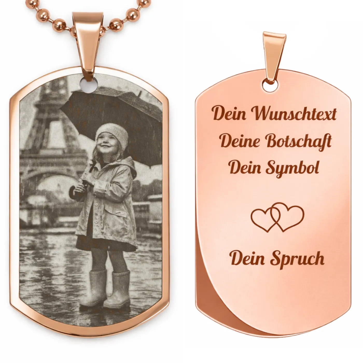 Anhänger Dog Tag Edelstahl Rosé mit Foto-, Text- und Motivgravur inklusive einer roséfarbenen, 60 cm langen Kugelkette, inklusive Gravur