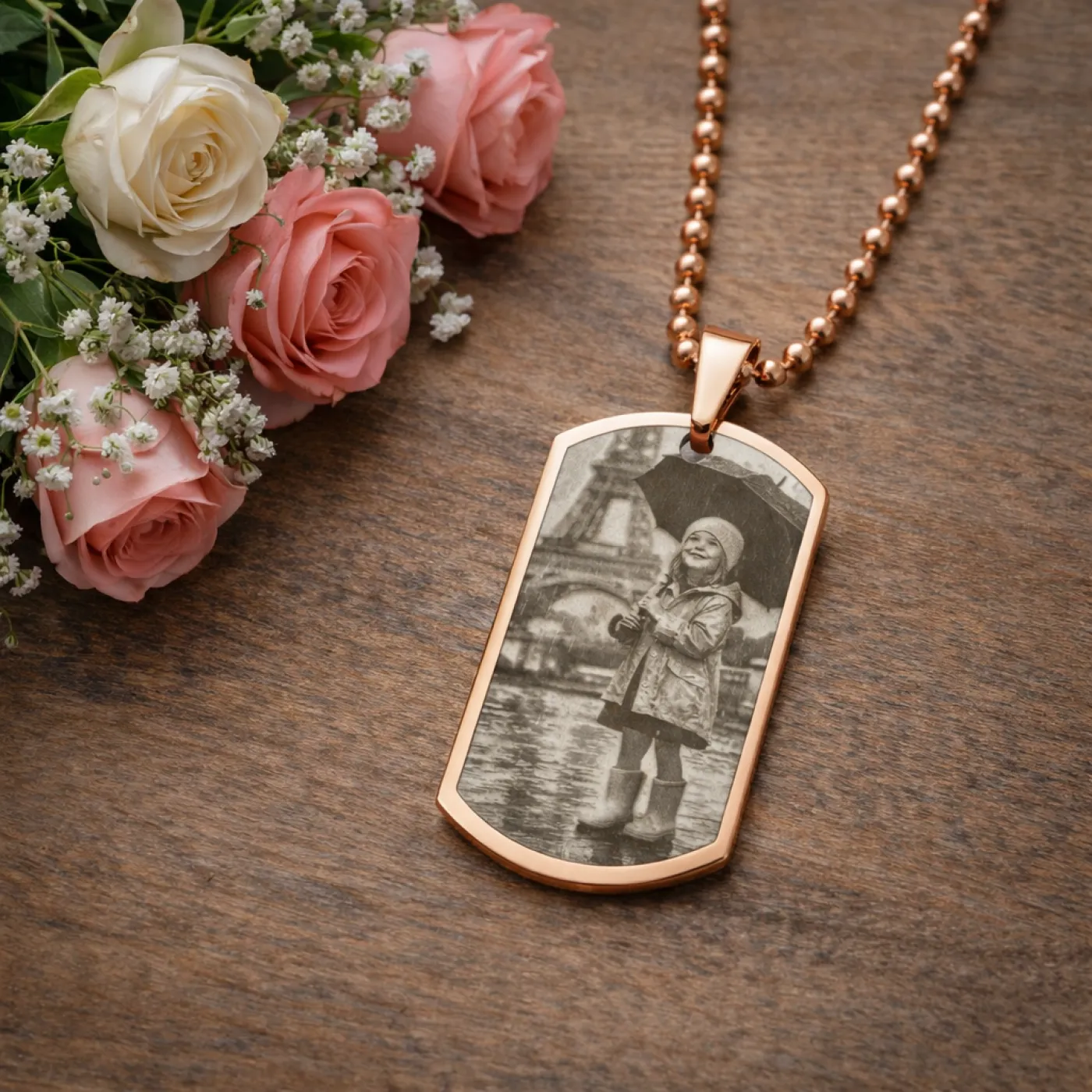 Anhänger Dog Tag Edelstahl Rosé mit Foto-, Text- und Motivgravur inkl. roséfarbener 60 cm langen Kugelkette » Personalisierbar – Ansicht 4