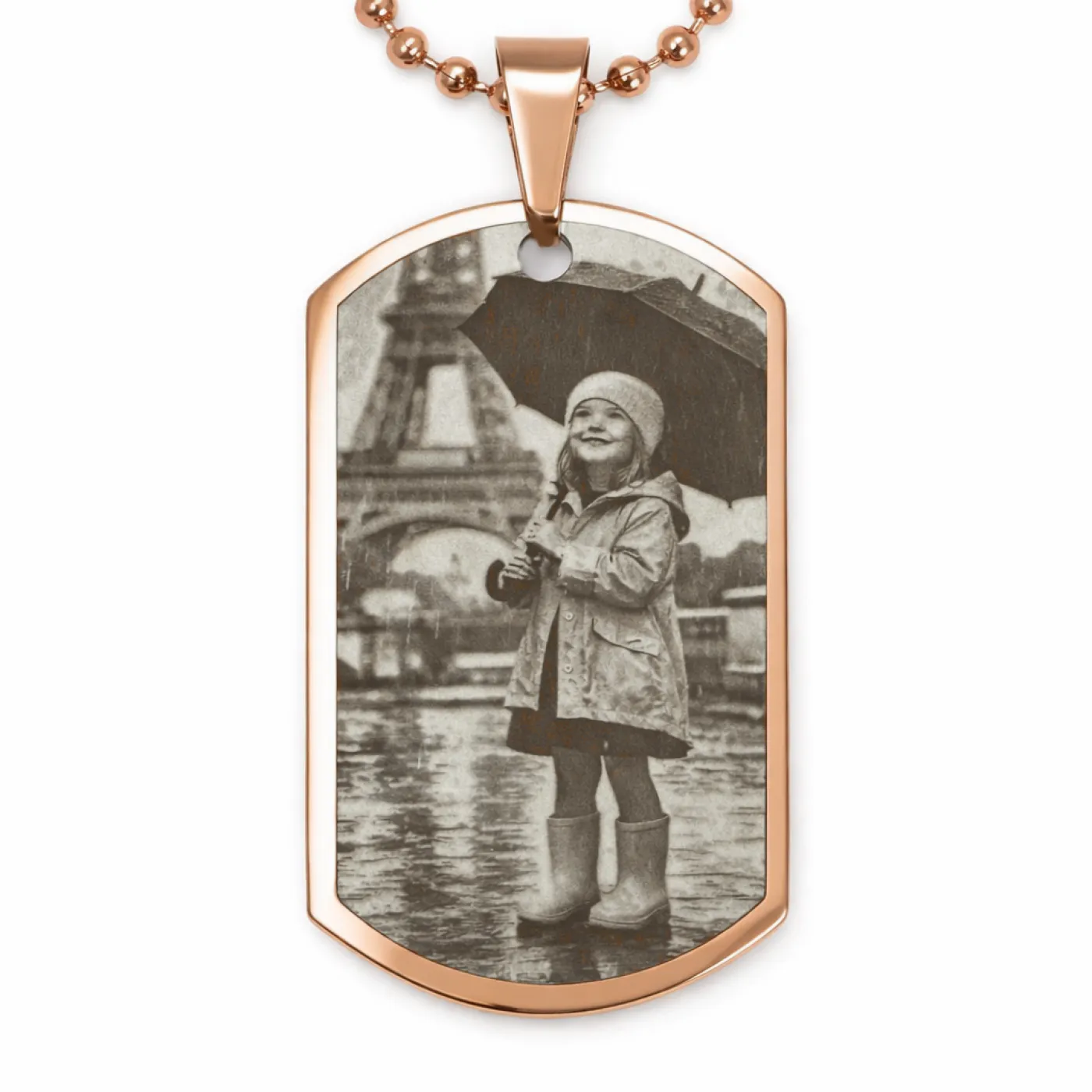 Anhänger Dog Tag Edelstahl Rosé mit Foto-, Text- und Motivgravur inkl. roséfarbener 60 cm langen Kugelkette » Personalisierbar – Ansicht 1