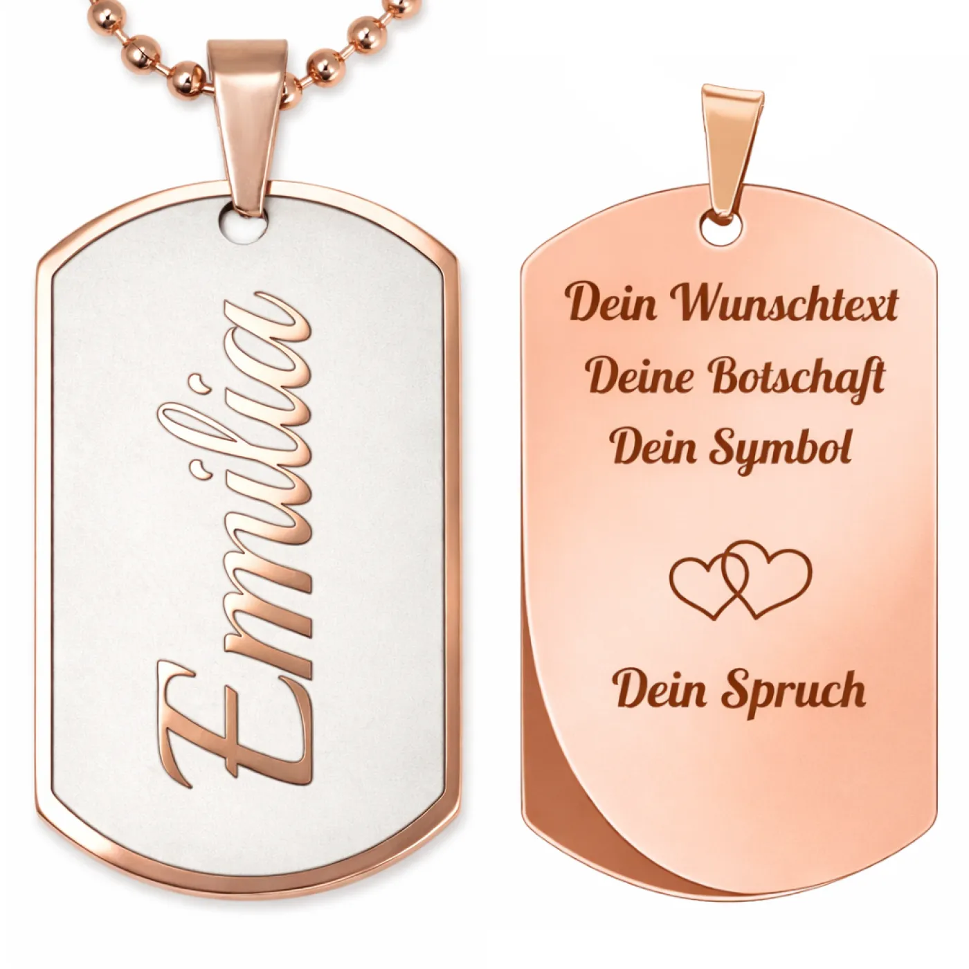 Anhänger Dog Tag Edelstahl Rosé mit Wunschgravur inklusive einer roséfarbenen, 60 cm langen Kugelkette, inklusive Gravur