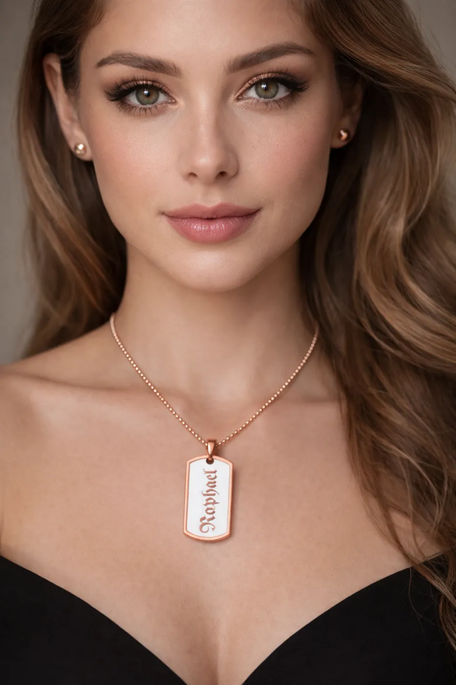Anhänger Dog Tag Edelstahl Rosé mit Wunschgravur inkl. roséfarbener 60 cm langen Kugelkette » Personalisierbar – Ansicht 1