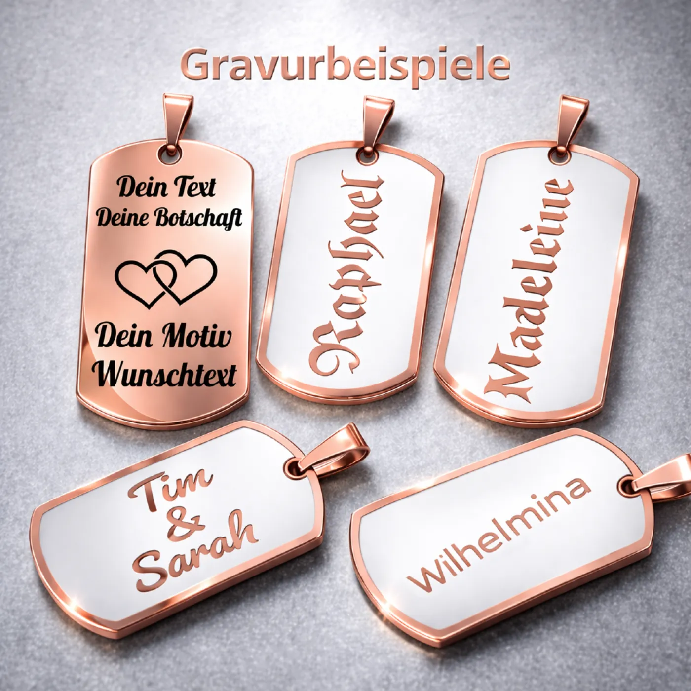 Anhänger Dog Tag Edelstahl Rosé mit Wunschgravur inkl. roséfarbener 60 cm langen Kugelkette » Personalisierbar – Ansicht 3