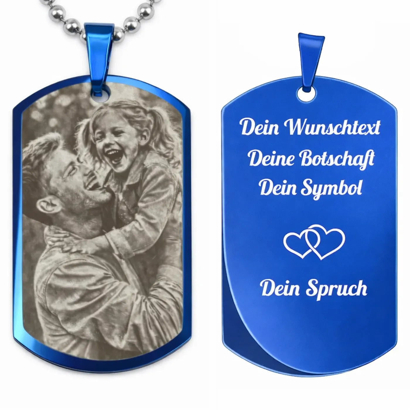 Anhänger Dog Tag Edelstahl Blau mit Foto-, Text- und Motivgravur inklusive einer silberfarbenen, 60 cm langen Kugelkette, inklusive Gravur