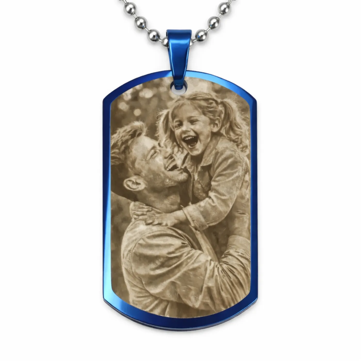 Anhänger Dog Tag Edelstahl Blau mit Foto-, Text- und Motivgravur inklusive einer silberfarbenen, 60 cm langen Kugelkette » Personalisierbar – Ansicht 1