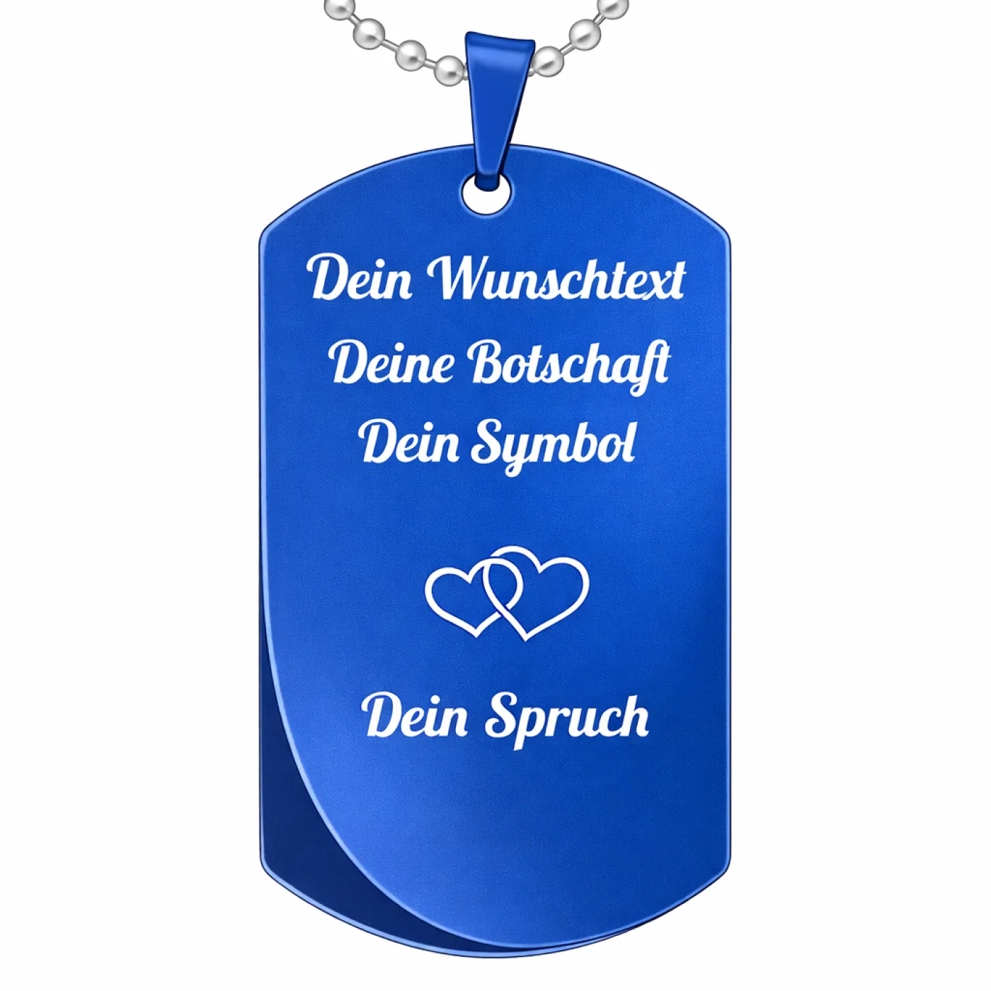 Anhänger Dog Tag Edelstahl Blau mit Foto-, Text- und Motivgravur inklusive einer silberfarbenen, 60 cm langen Kugelkette » Personalisierbar – Ansicht 2