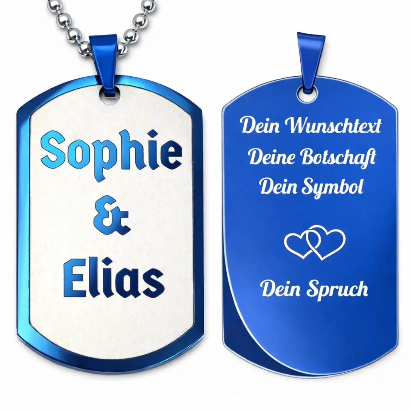 Anhänger Dog Tag Edelstahl Blau mit Wunschgravur inklusive einer silberfarbenen, 60 cm langen Kugelkette, inklusive Gravur