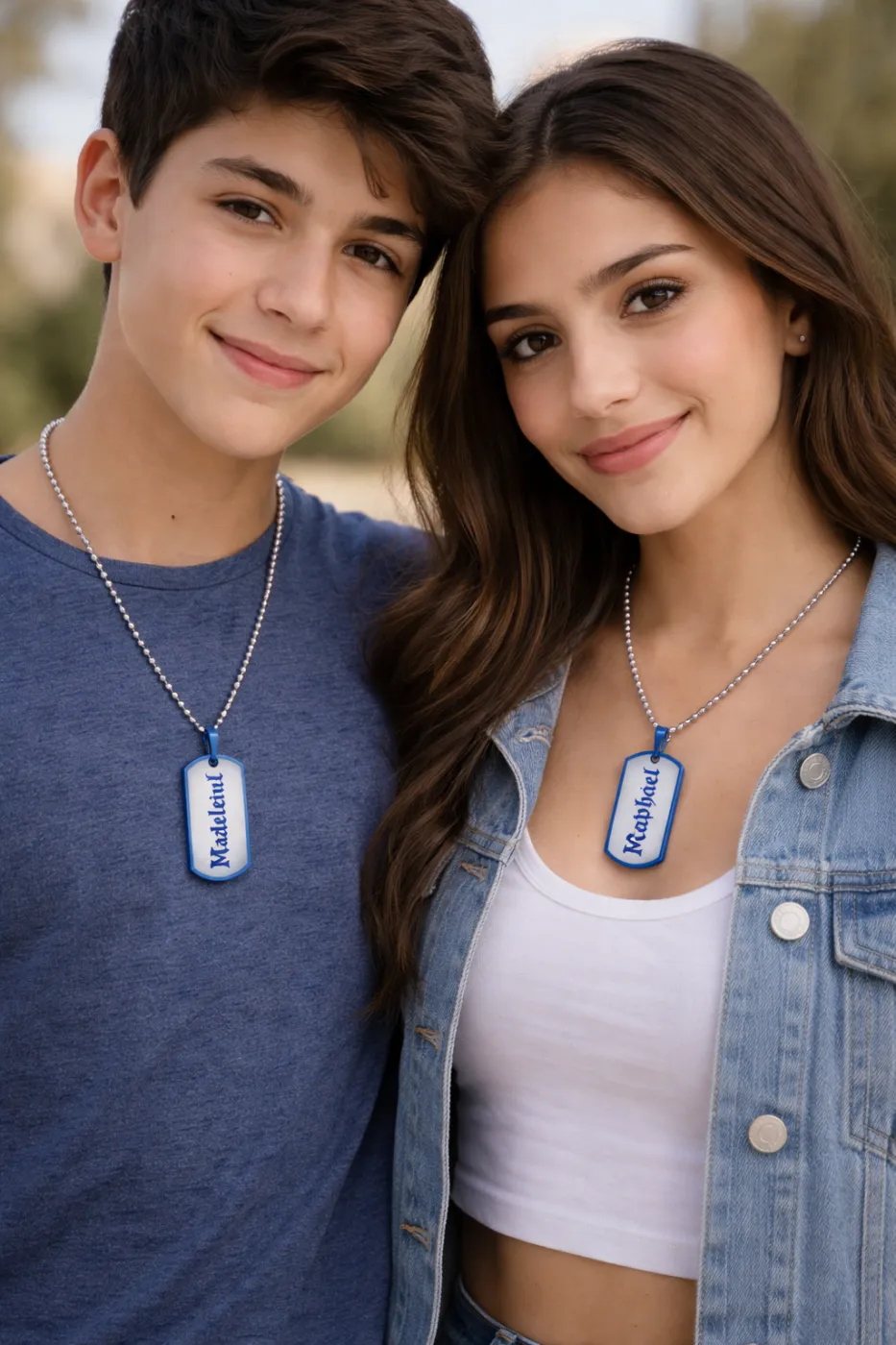 Anhänger Dog Tag Edelstahl Blau mit Wunschgravur inklusive einer silberfarbenen, 60 cm langen Kugelkette » Personalisierbar – Ansicht 1