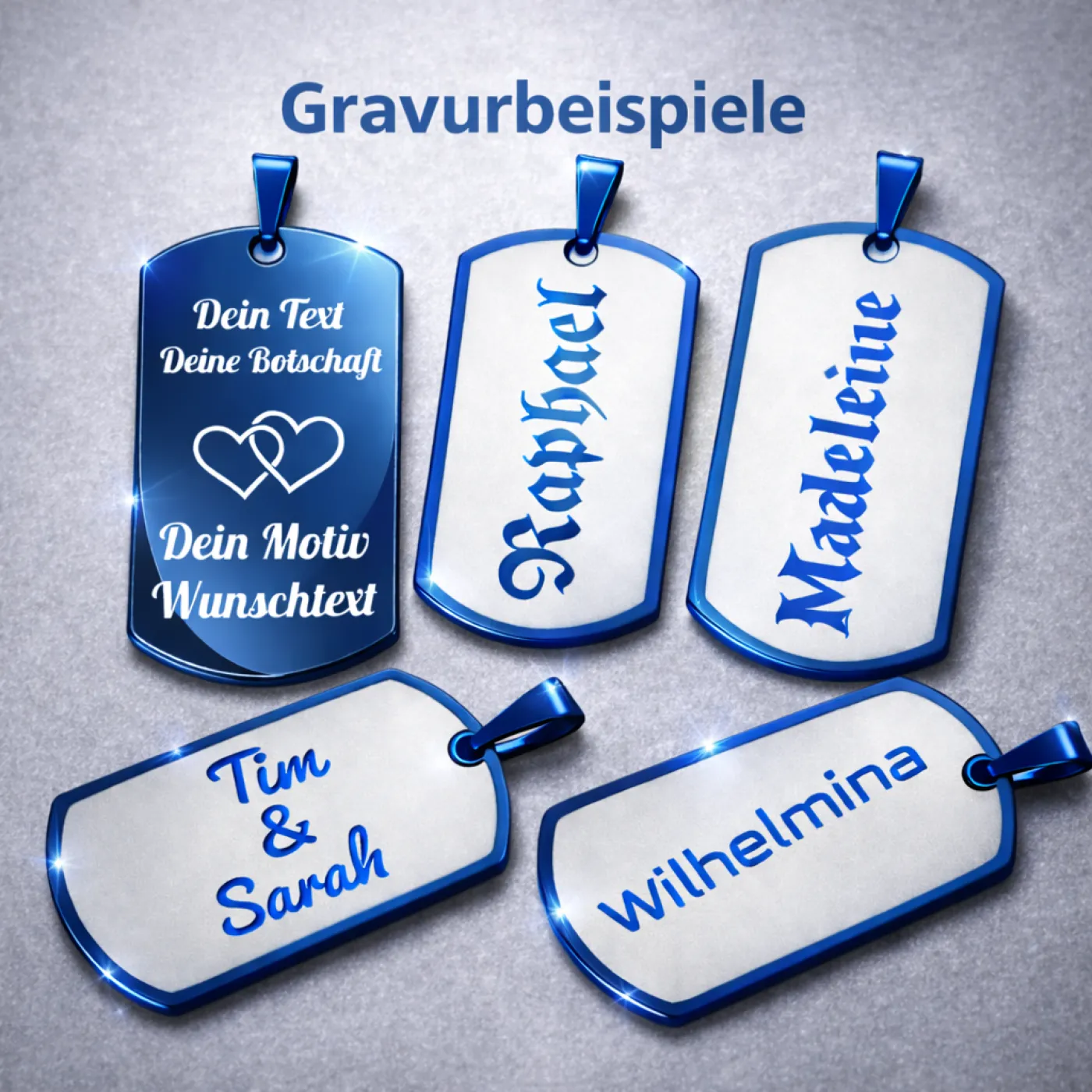 Anhänger Dog Tag Edelstahl Blau mit Wunschgravur inklusive einer silberfarbenen, 60 cm langen Kugelkette » Personalisierbar – Ansicht 3