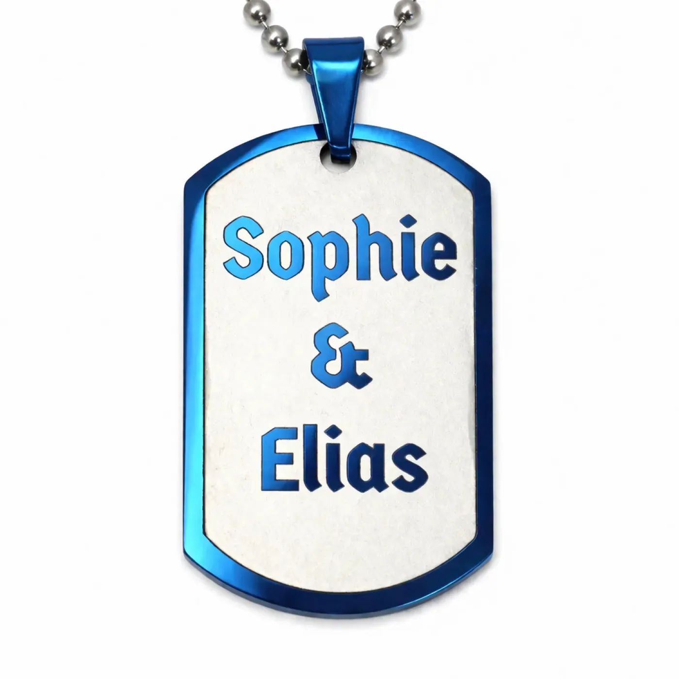 Anhänger Dog Tag Edelstahl Blau mit Wunschgravur inklusive einer silberfarbenen, 60 cm langen Kugelkette » Personalisierbar – Ansicht 2
