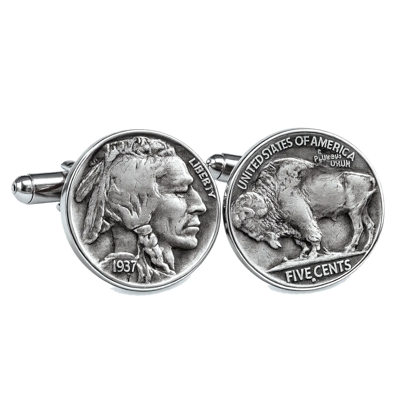 Manschettenknöpfe, 5-Cent-Münze USA, Indianer / Bison, Finish Vintage
