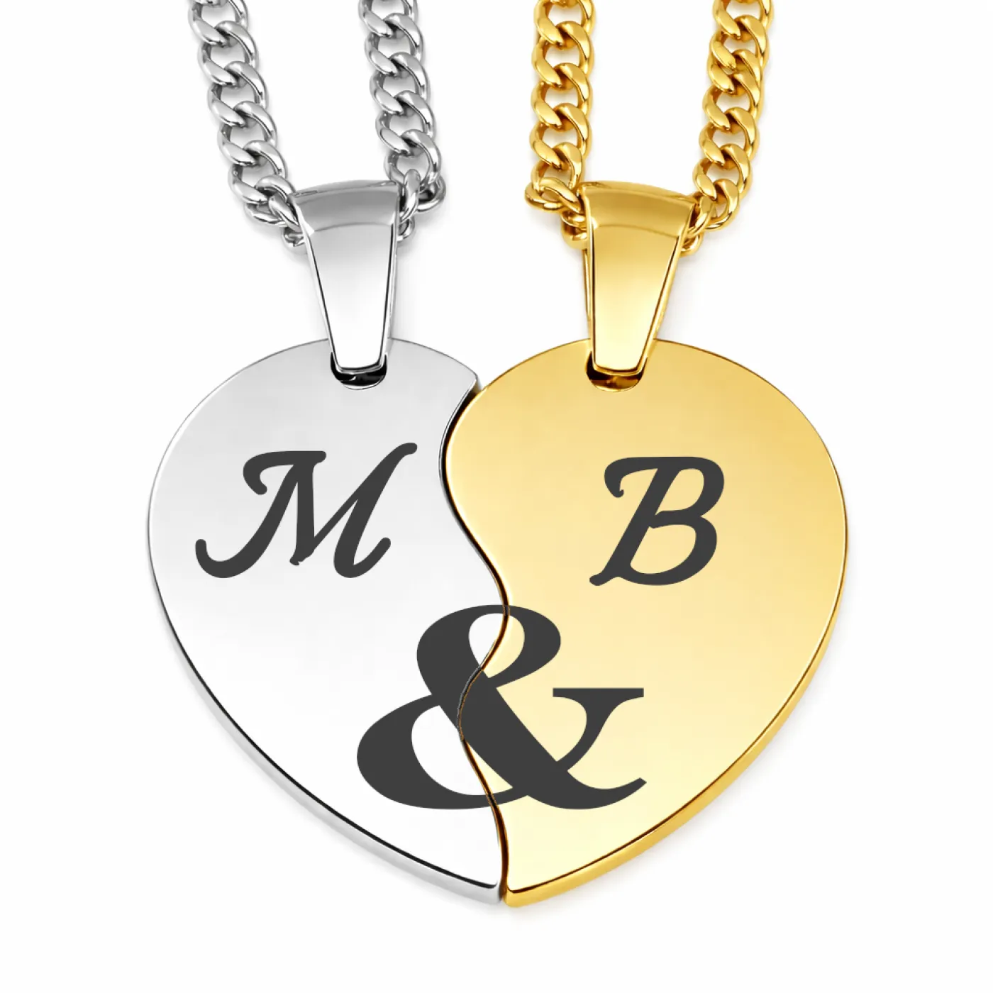 Partneranhänger in Herzform aus Edelstahl im Farbton Gold und Silber inklusive 60 cm Panzerkette » Personalisierbar