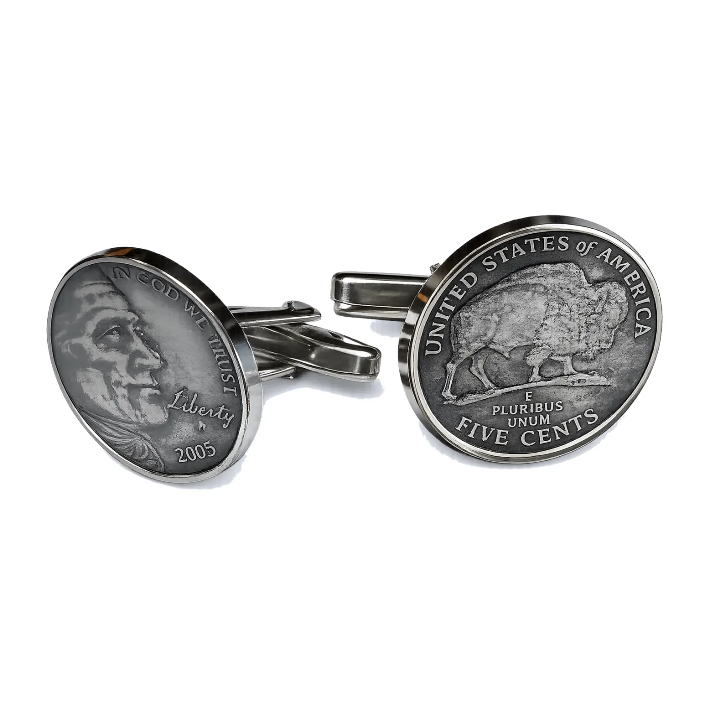 Manschettenknöpfe Silber 925er 5-Cent-Münze USA (Jefferson / Bison) vintage – Ansicht 3