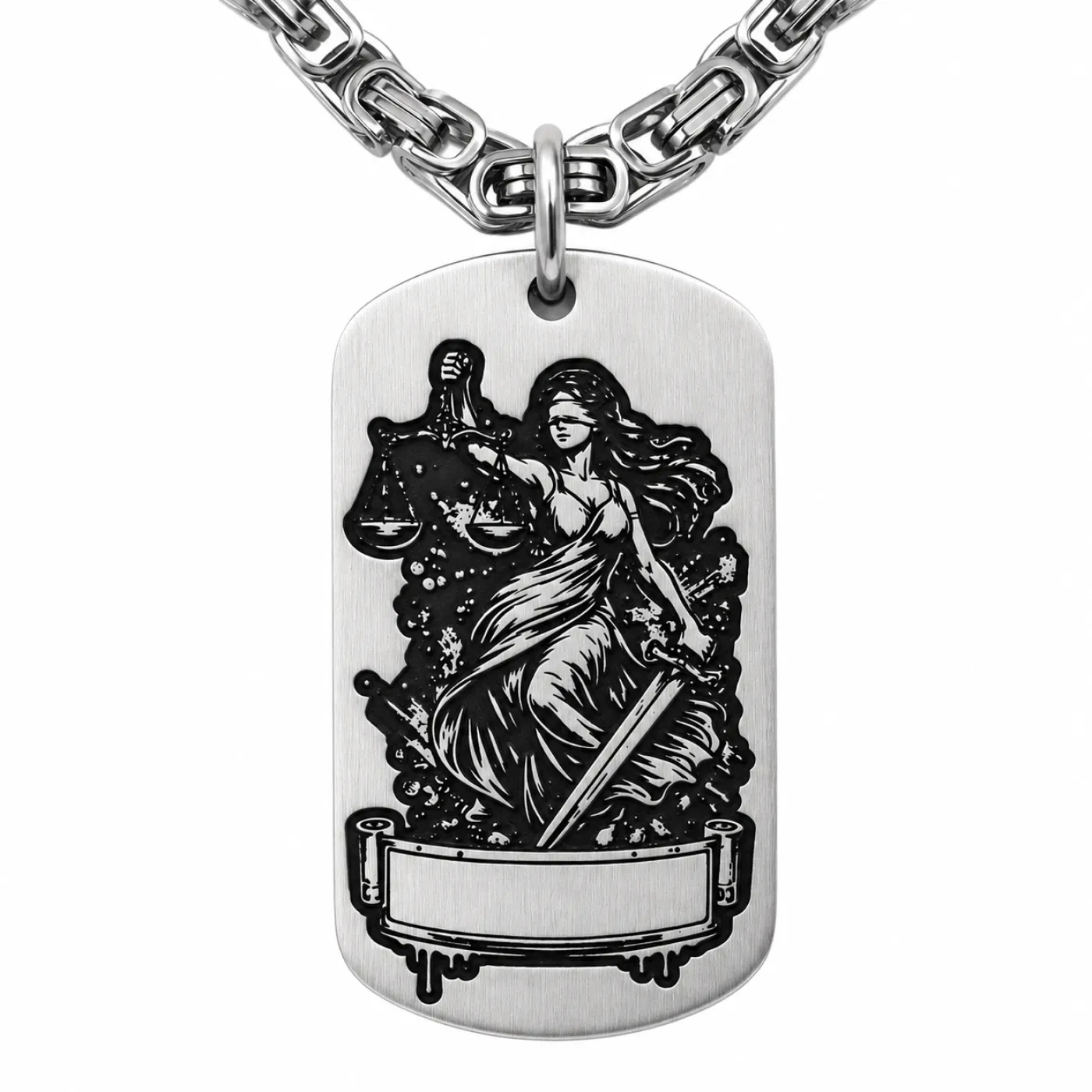 Anhänger Dog Tag aus Edelstahl mit Tiefengravur, Motiv Justitia, mit Wunschgravur