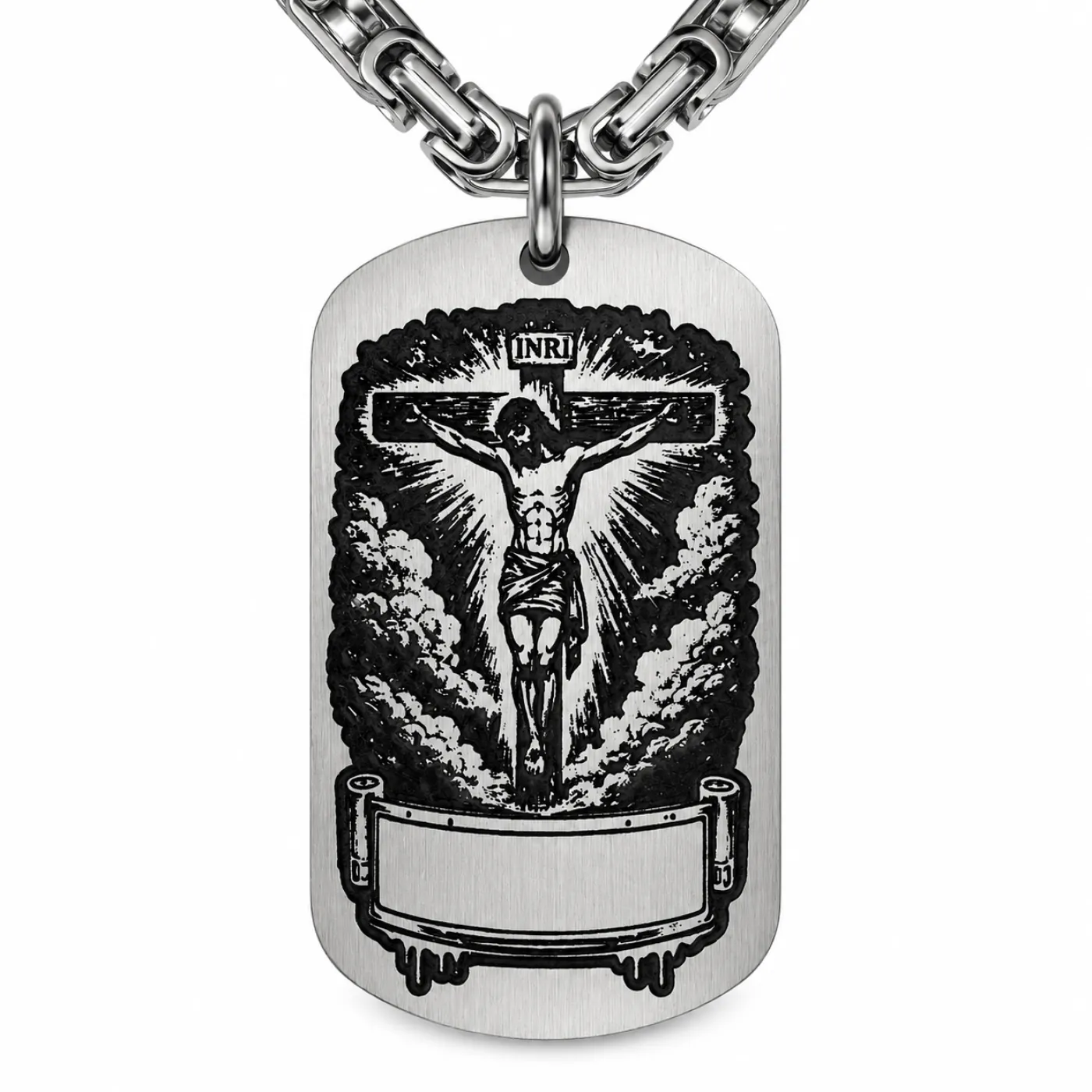 Anhänger Dog Tag aus Edelstahl mit Tiefengravur, Motiv Jesus am Kreuz, mit Wunschgravur
