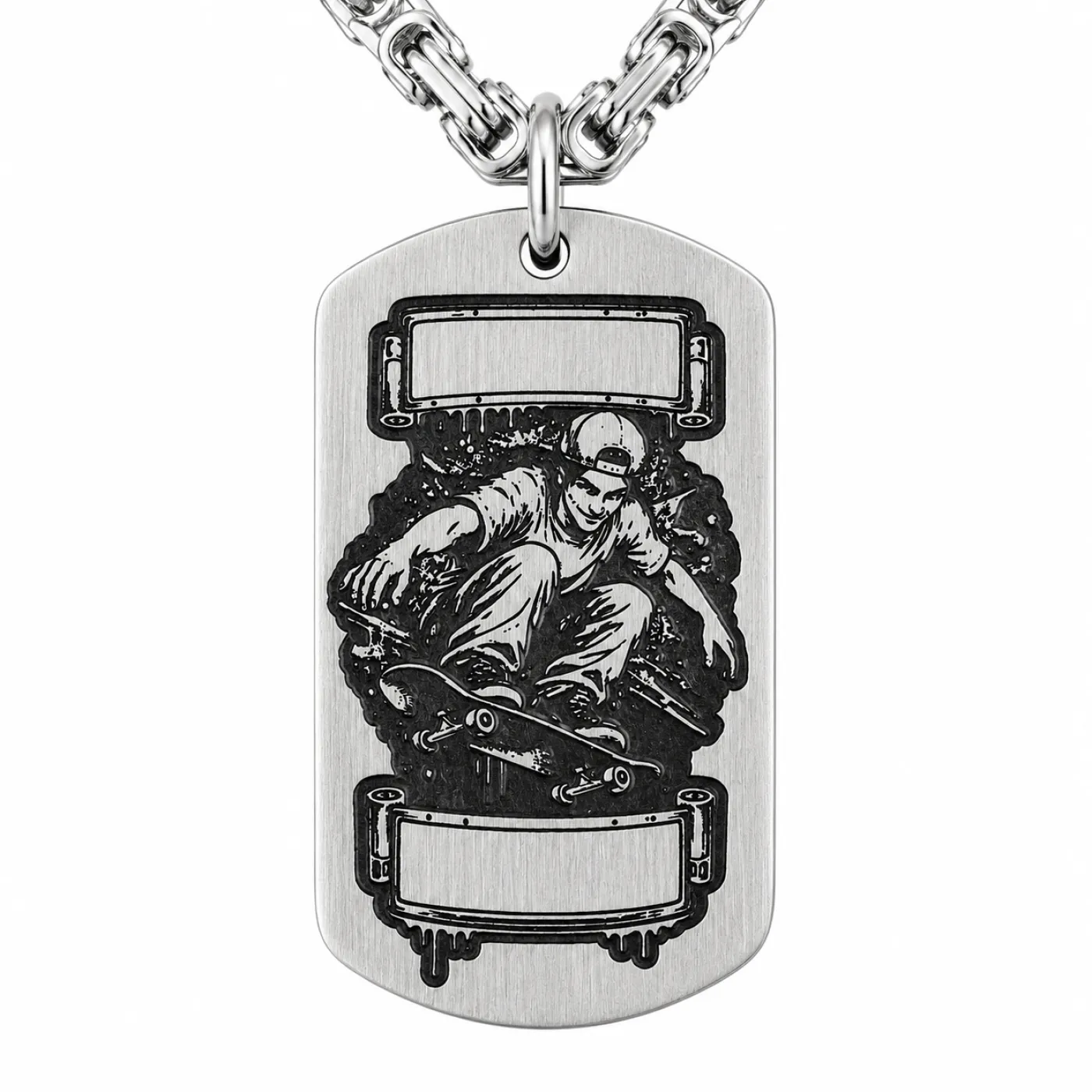 Anhänger Dog Tag aus Edelstahl mit Tiefengravur, Motiv Skateboard-Fahrer, mit Wunschgravur