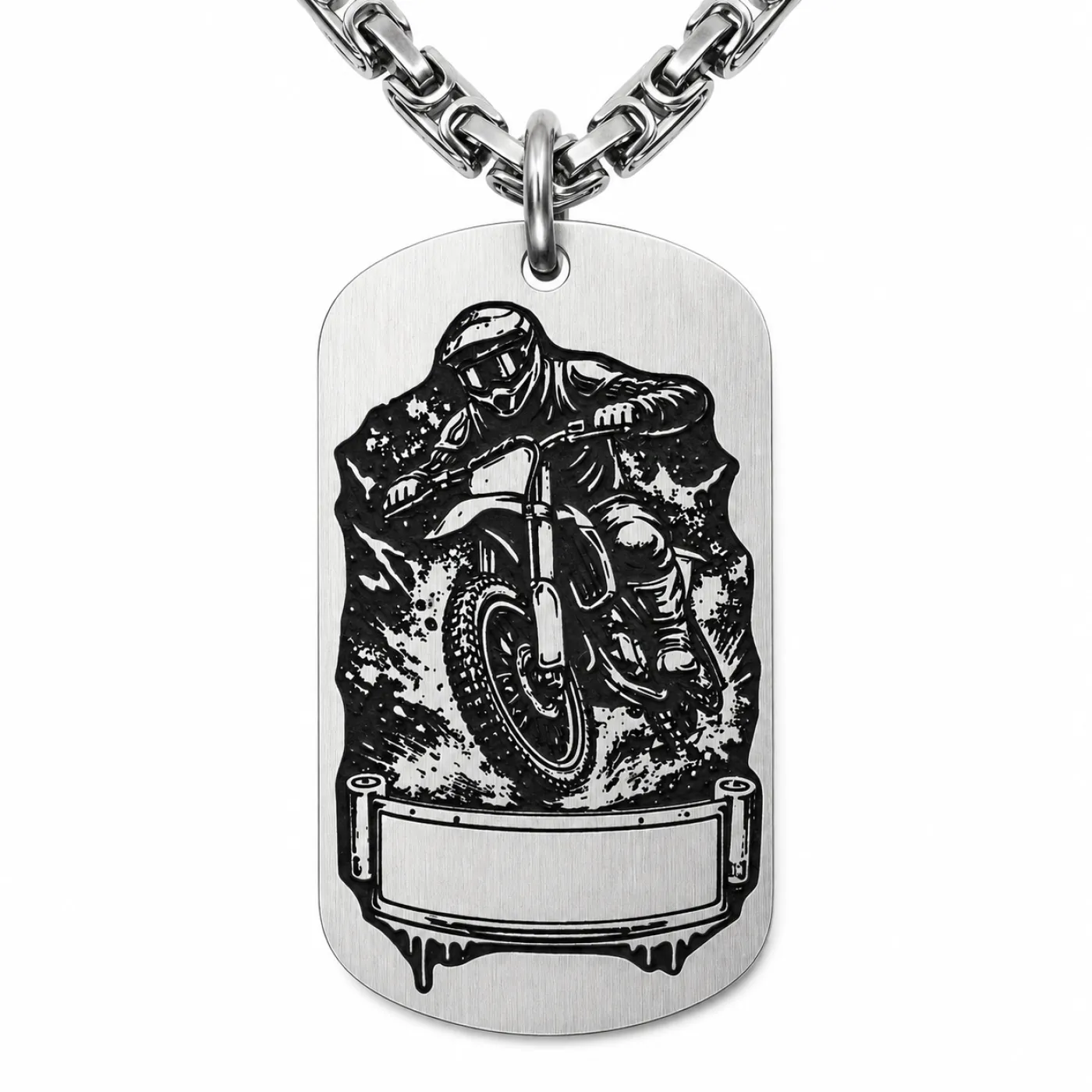 Anhänger Dog Tag aus Edelstahl mit Tiefengravur, Motiv Motocross-Fahrer, mit Wunschgravur