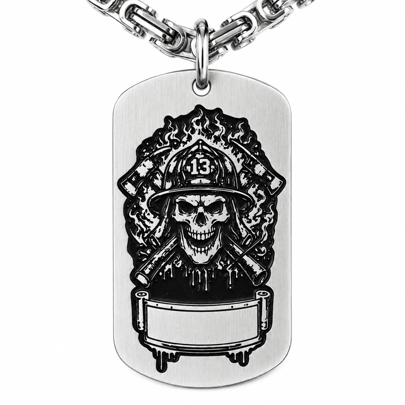 Anhänger Dog Tag aus Edelstahl mit Tiefengravur, Motiv Feuerwehrmann mit Äxten, mit Wunschgravur