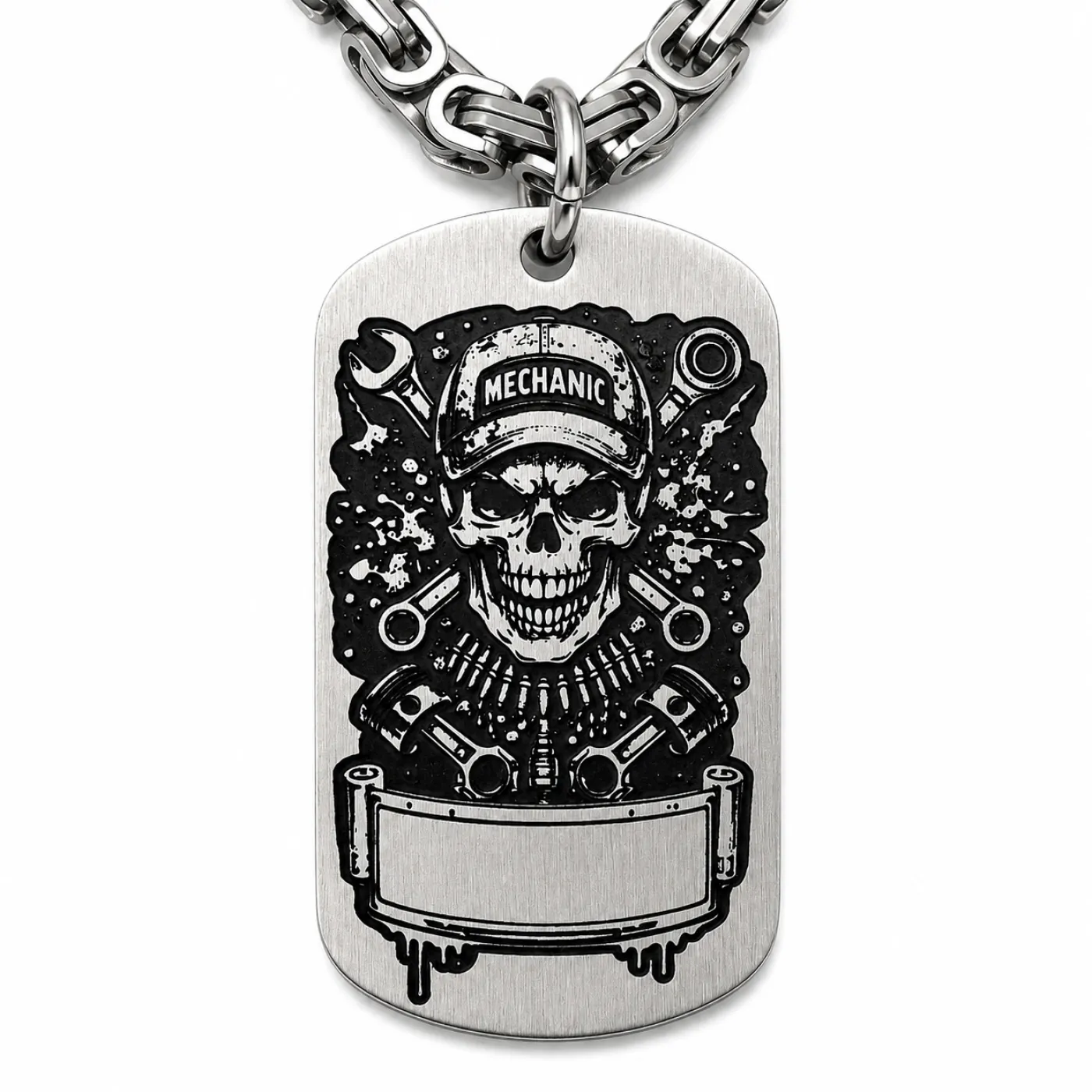 Anhänger Dog Tag aus Edelstahl mit Tiefengravur, Motiv Mechaniker-Totenkopf, mit Wunschgravur