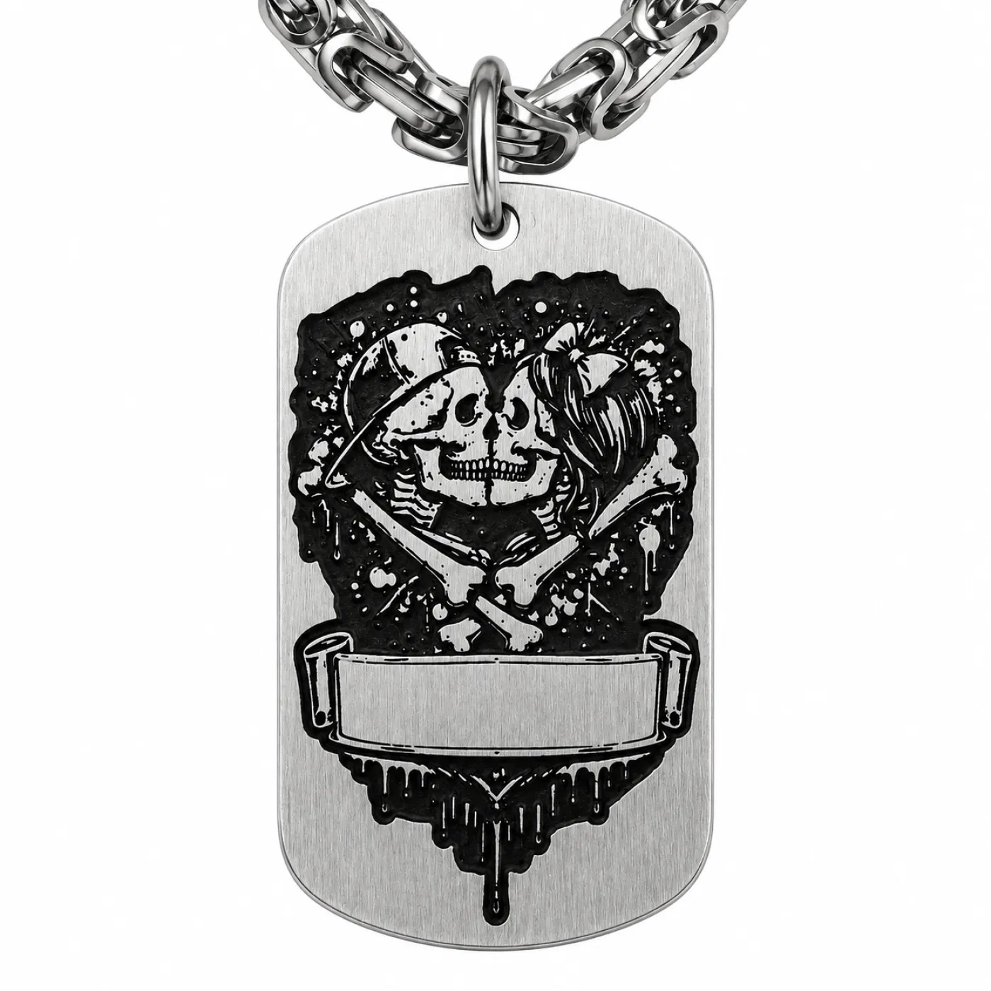 Dog Tag Partneranhänger aus Edelstahl mit Tiefengravur, Motiv Totenköpfe, mit Wunschgravur