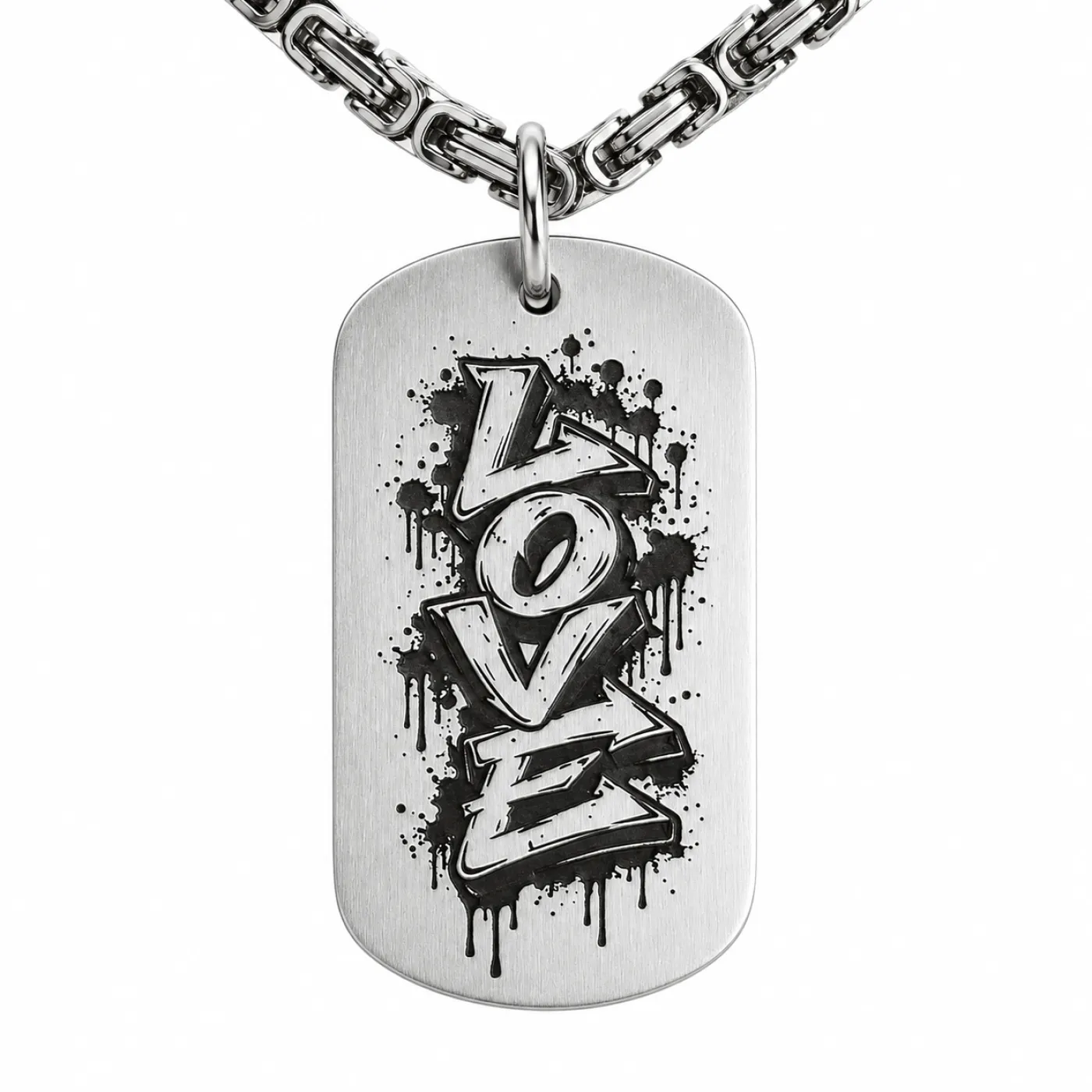 Anhänger Dog Tag aus Edelstahl mit Tiefengravur, Motiv LOVE Graffiti, Wunschgravur optional