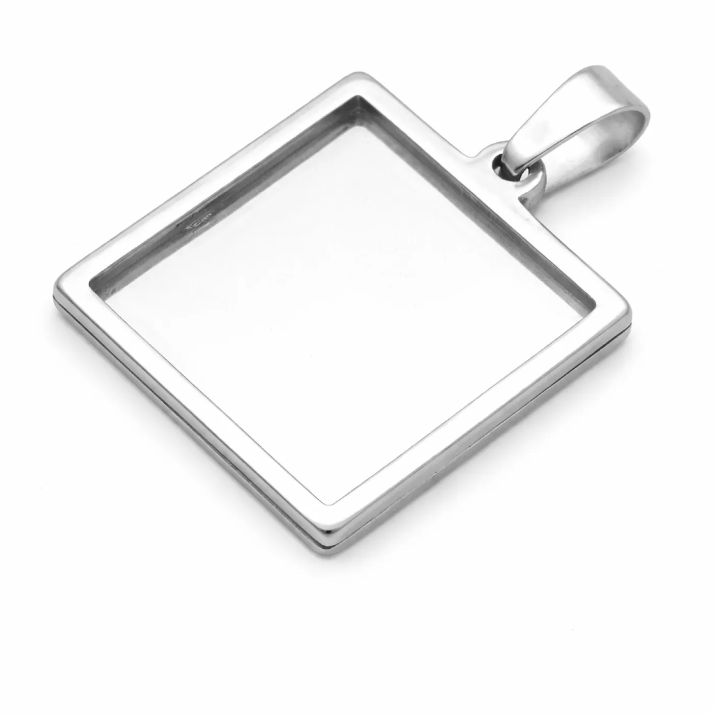 Anhänger-Rohling aus Edelstahl, Quadrat / Innen 15 × 15 mm, optional mit Gravur, Farbton Silber