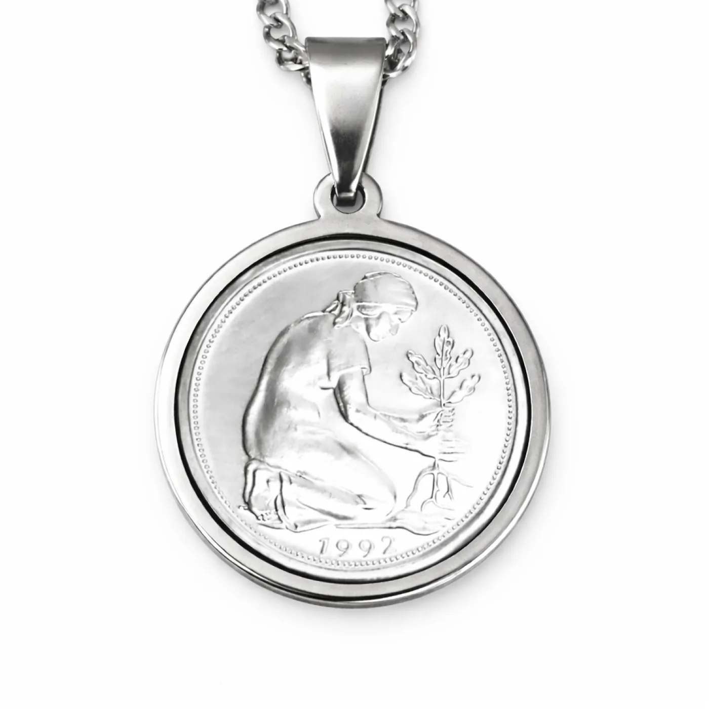 Münzanhänger Deutschland KULTURFRAU mit Panzerkette 2 mm Farbton Silber » 50 Pfennig 1949 - 2001 personalisierbar – Ansicht 4