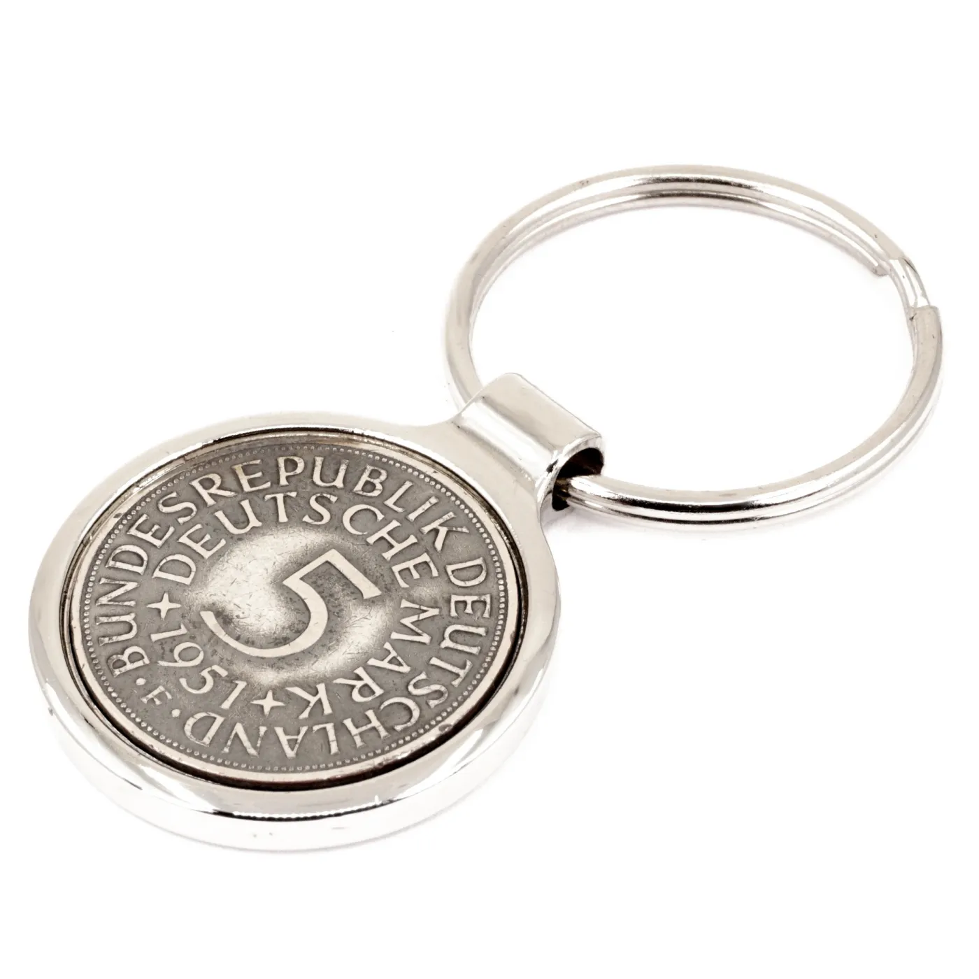 Metall-Schlüsselanhänger 5 Mark mit Datum 1951 bis 1974 aus Silber 625er, optional mit Gravur