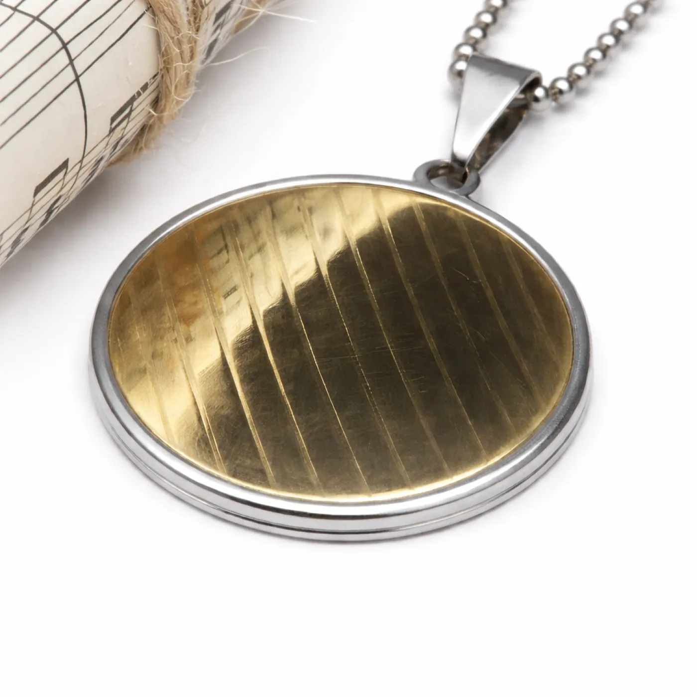 Anhänger Edelstahl Ø 38 mm mit Schlagzeug Becken Inlay, optional mit Gravur