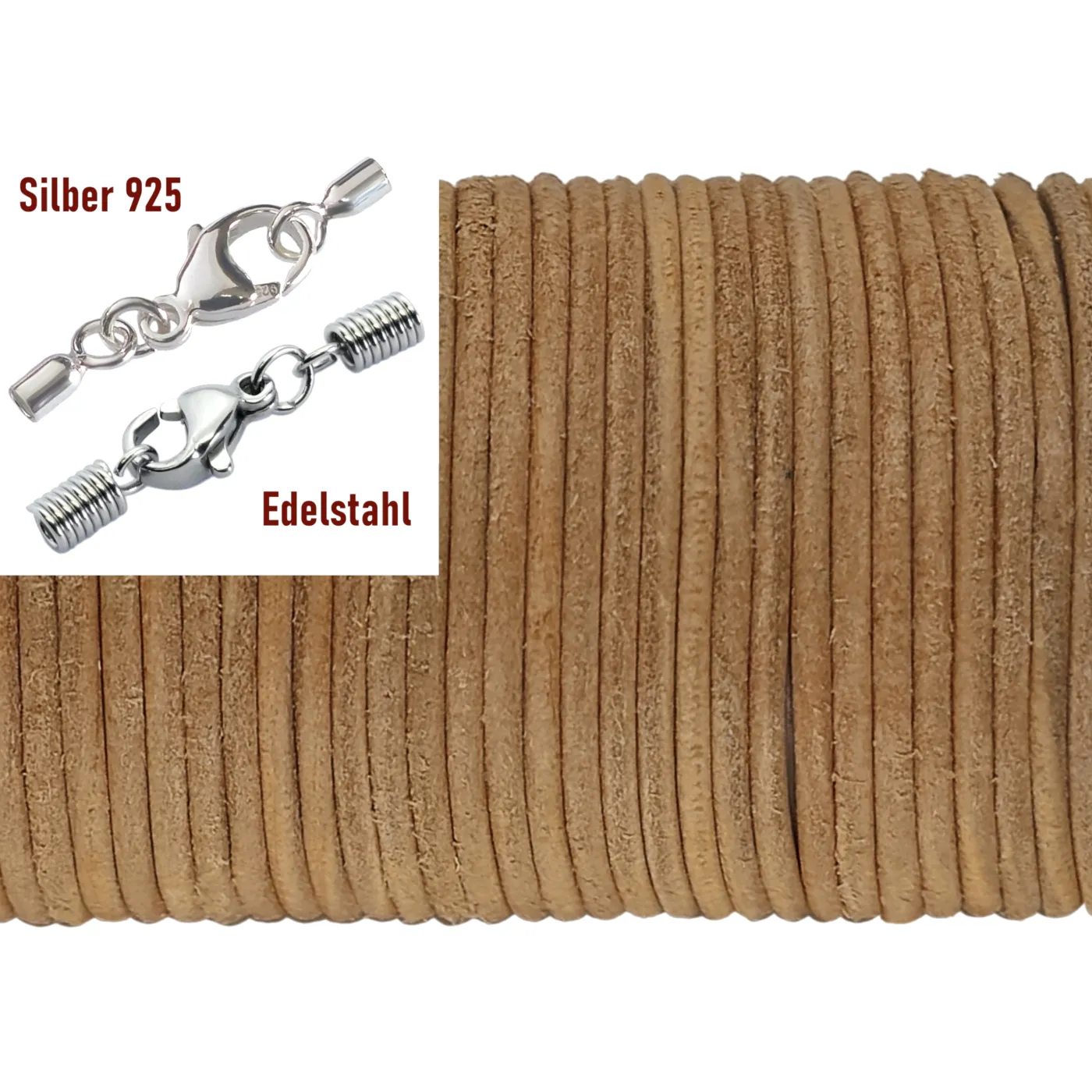 Lederschnur rund Ø 2,0 mm, Farbton Natur mit Edelstahlverschluss oder 925er Silberverschluss