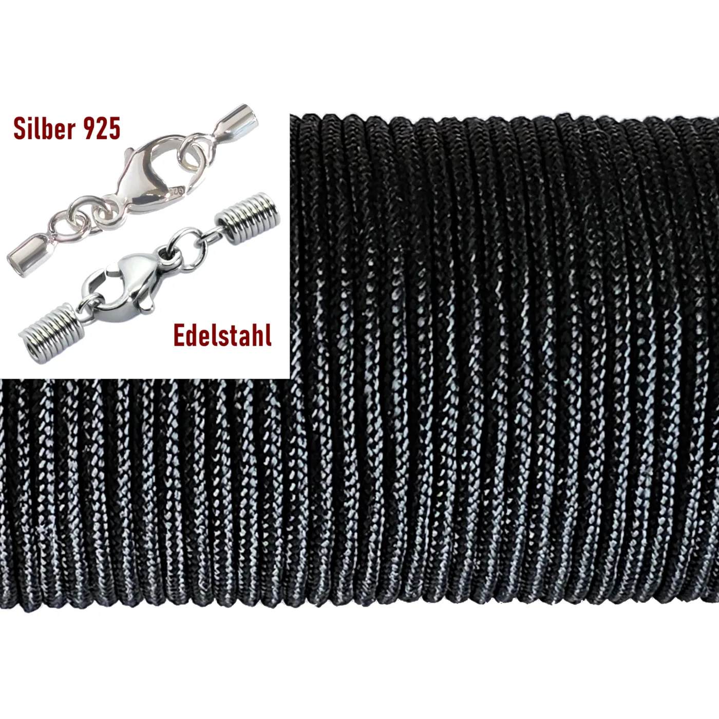 Paracordschnur Ø 2,0 mm, Farbton Schwarz mit Edelstahlverschluss oder 925er Silberverschluss