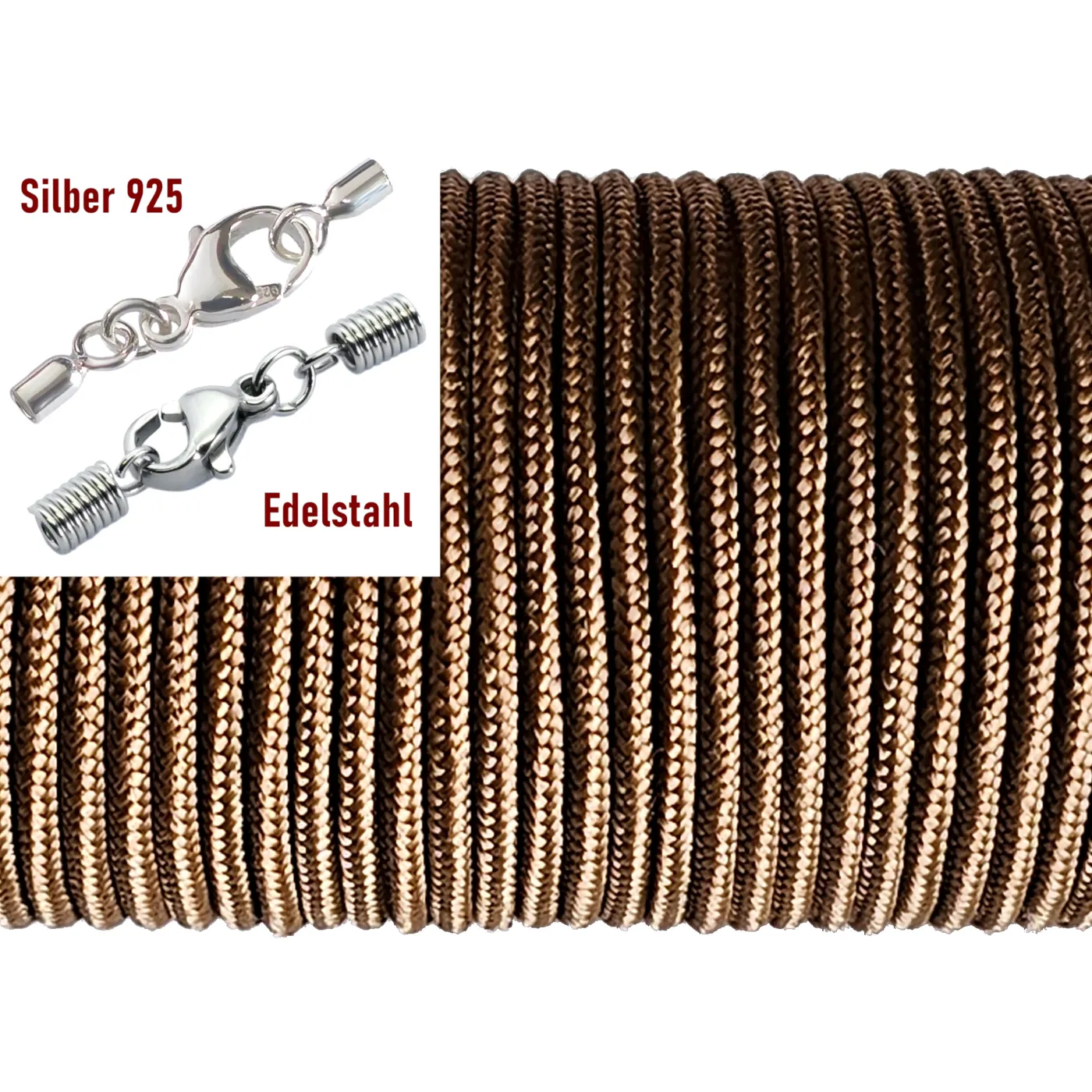 Paracordschnur Ø 2,0 mm, Farbton Braun mit Edelstahlverschluss oder 925er Silberverschluss